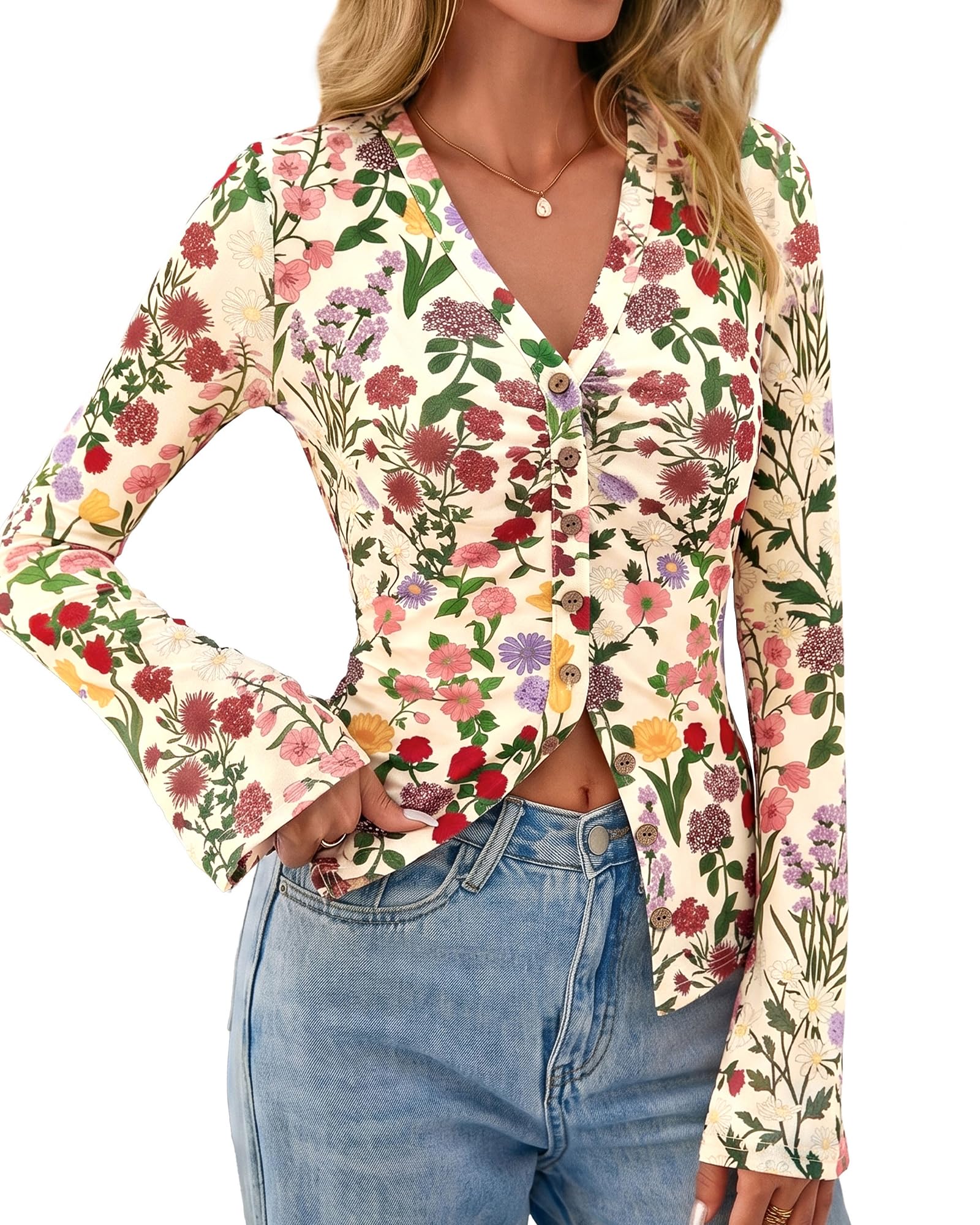 BTFBM Button Down Shirts for Women Spring Boho Tops V Neck Long Sleeve Blouses Ruched Mesh Fitted Fall Fashion