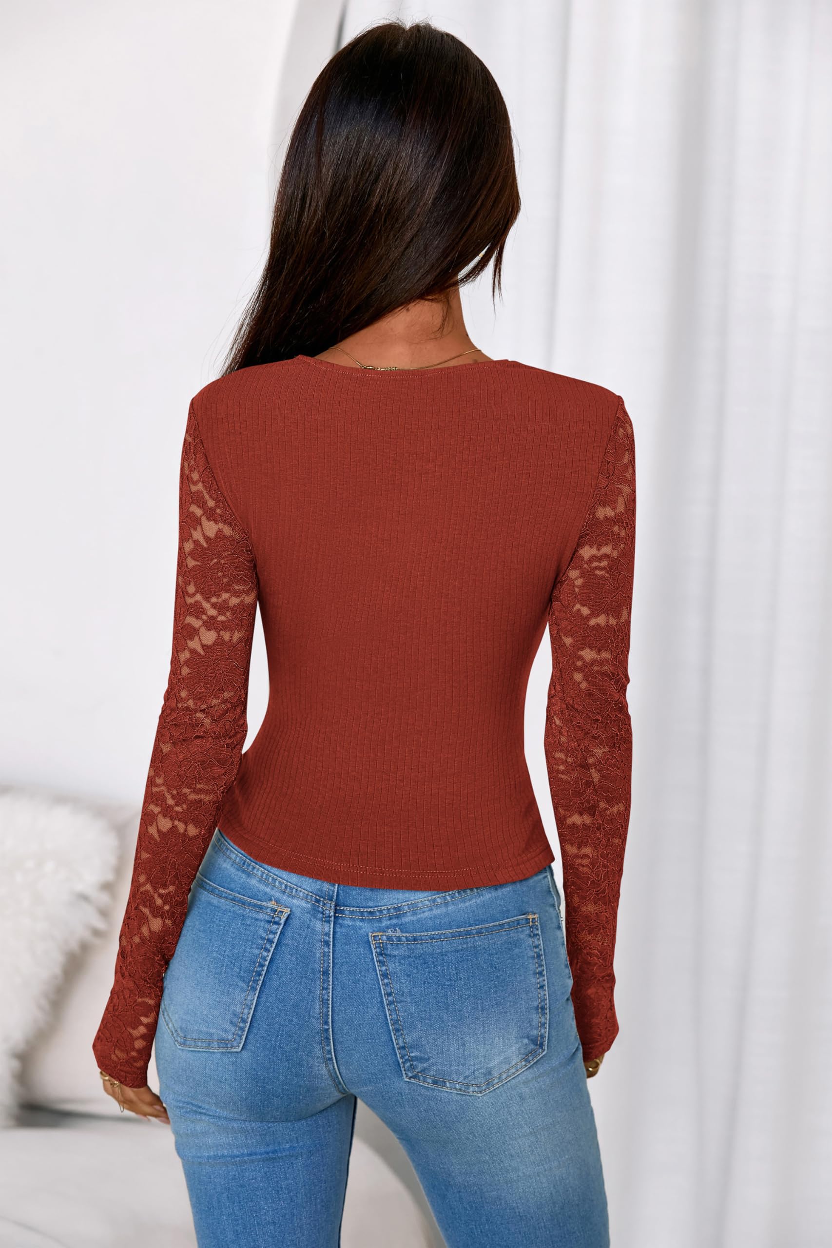FreshPretty Fall Lace Long Sleeve Tops for Women Trendy Slim Fitted V Neck Knit Going Out Outfits Basic Sexy Tight T Shirts.