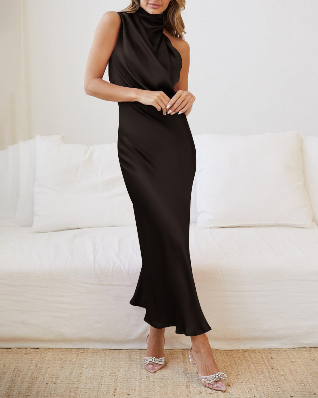 BTFBM Cocktail Dresses for Women Summer Satin Silk Sleeveless Mock Neck Maxi Wedding Guest Dress Spring Outfits