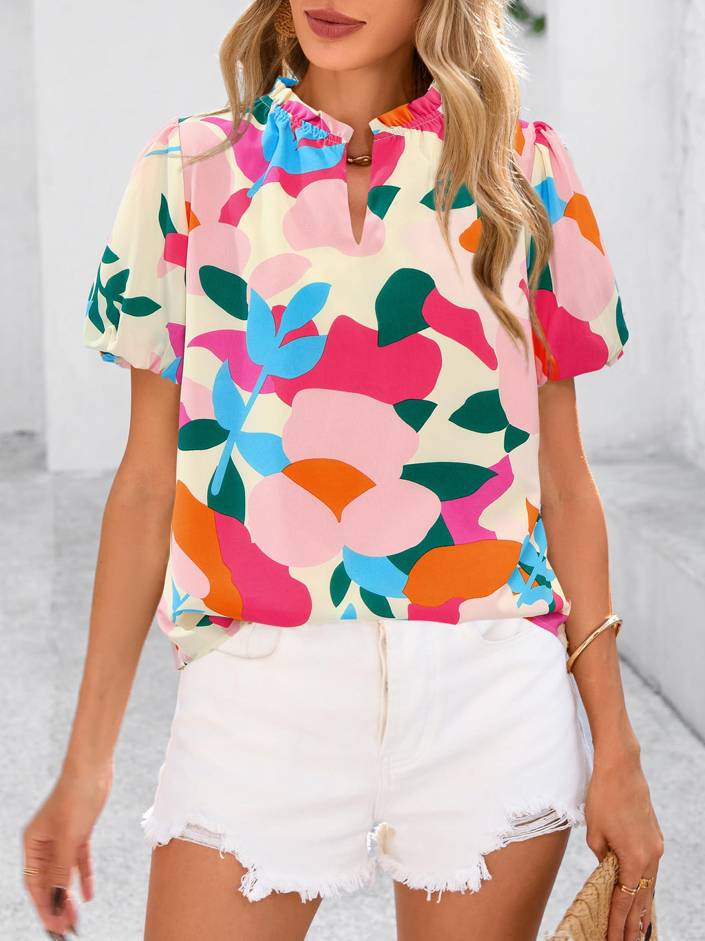 PRETTYGARDEN Boho Short Sleeve Floral Work Blouses for Women Dressy Casual V Neck Puff Sleeve Loose Chiffon Flowy Tops Shirts