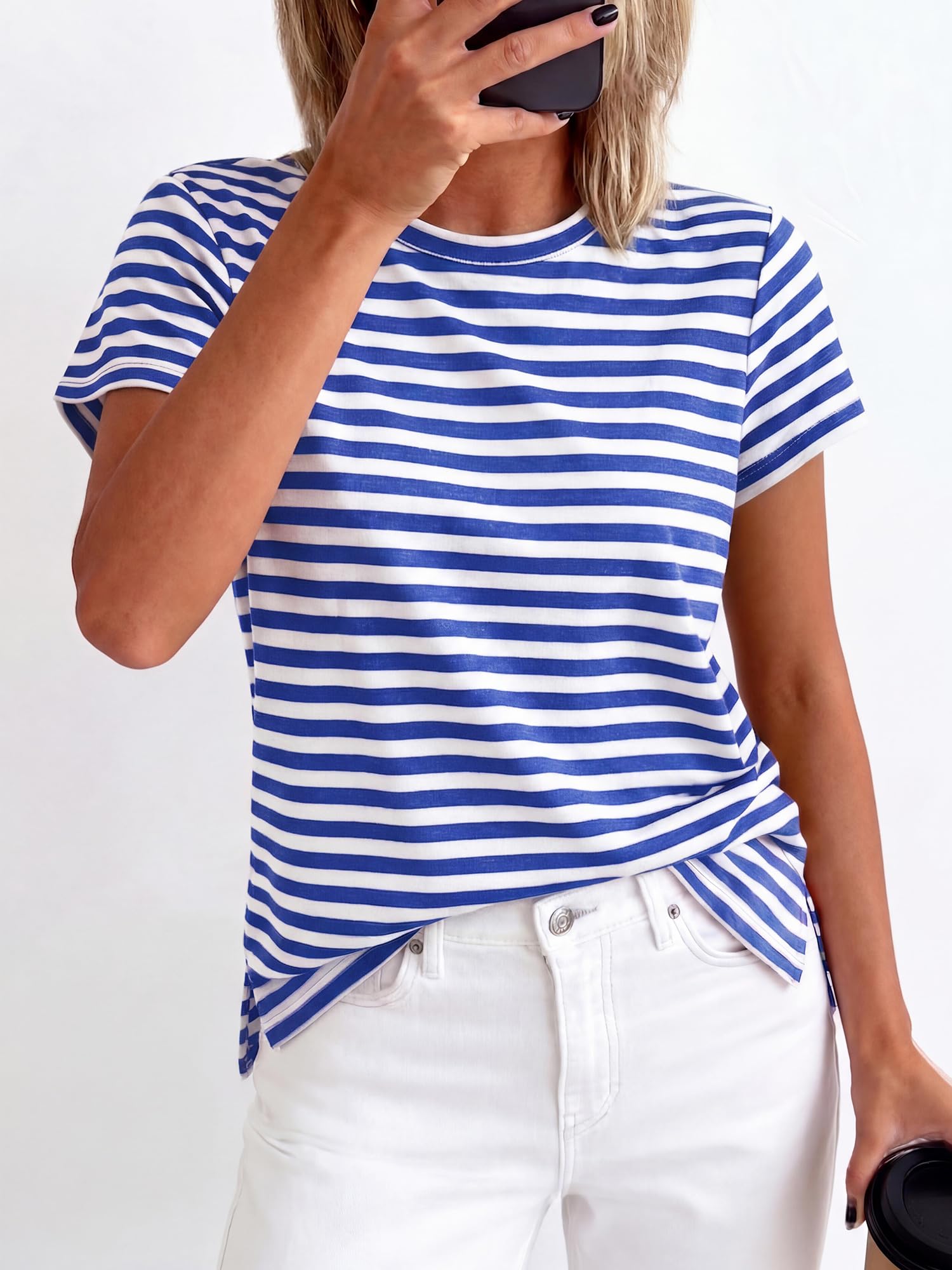 BTFBM Tops for Women Trendy Summer Crew Neck Short Sleeve T Shirts Striped Casual Vacation Blouse Basic Tee