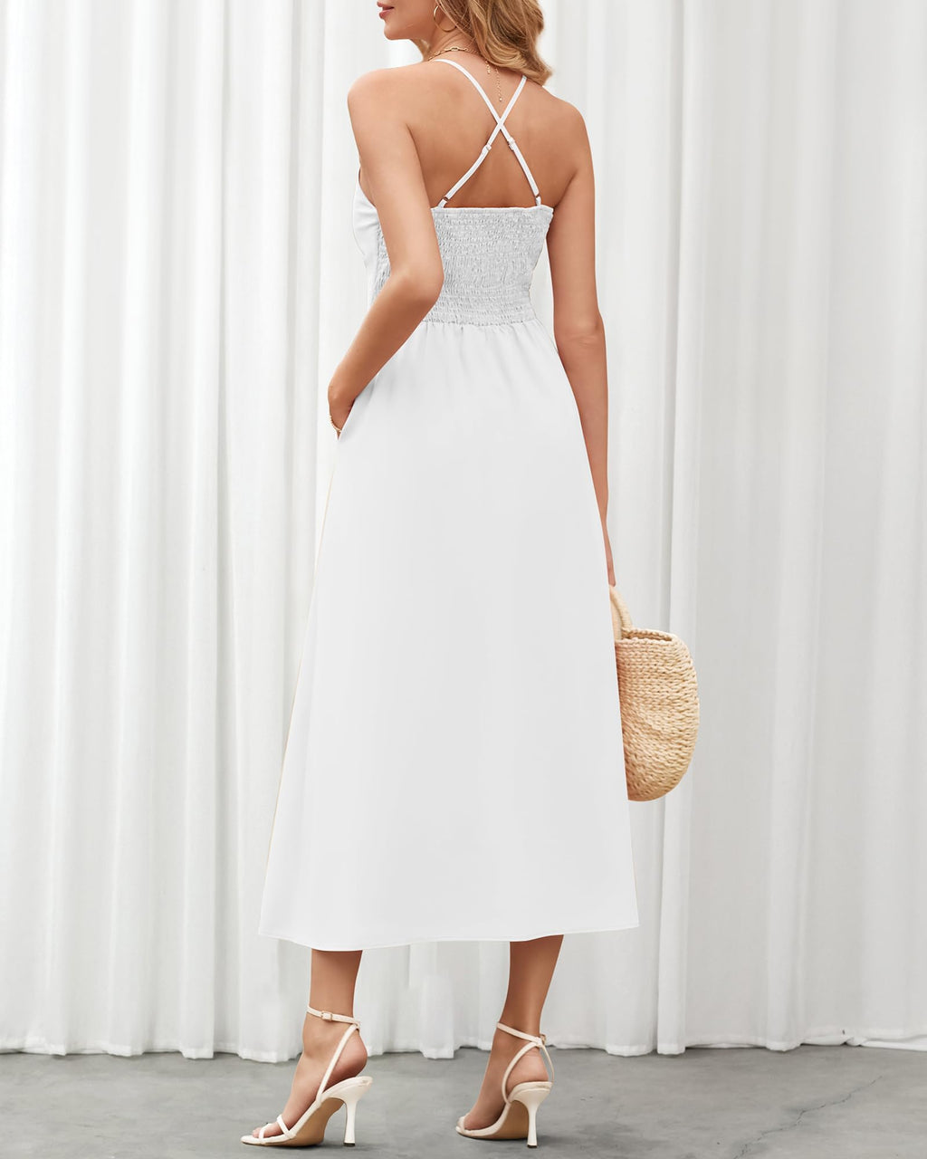 FreshPretty Women Summer Spaghetti Strap Midi Dress Sleeveless V Neck Cutout Slit Casual Beach Party Maxi Dresses Pockets