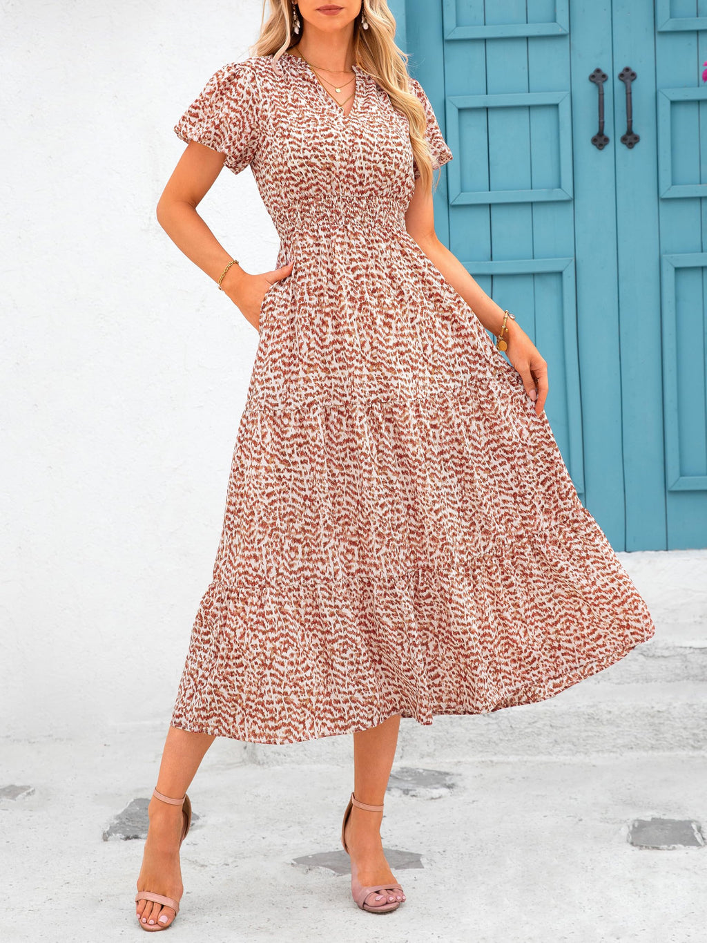 PRETTYGARDEN Summer Maxi Dresses for Women  Casual V Neck Puff Short Sleeve Smocked Flowy Beach Boho Long Floral Dress