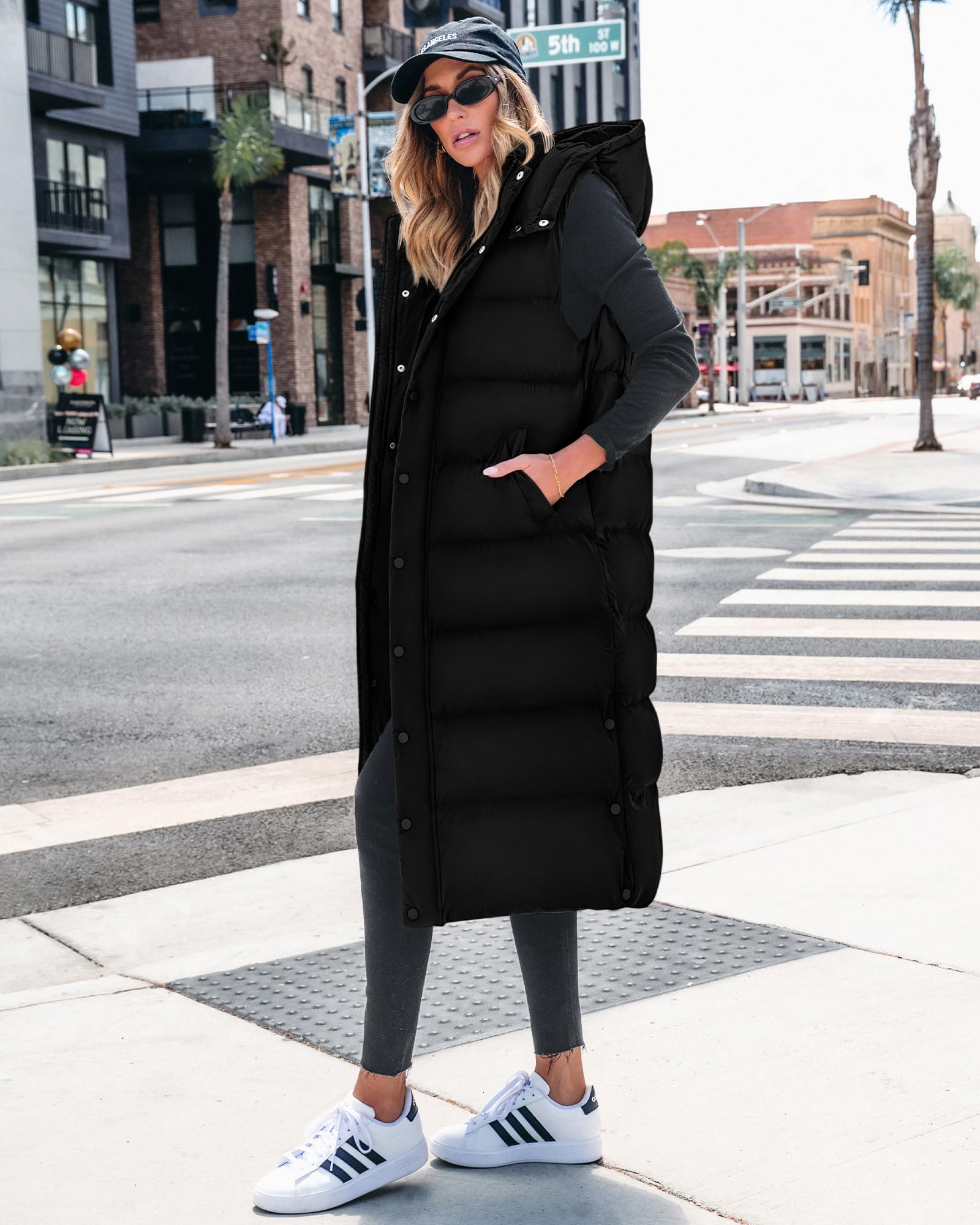 FreshPretty Long Puffer Vest Women Quilted Hooded Button Down Zip Up Sleeveless Vests Outerwear Padded Jacket Fall Winter Coat