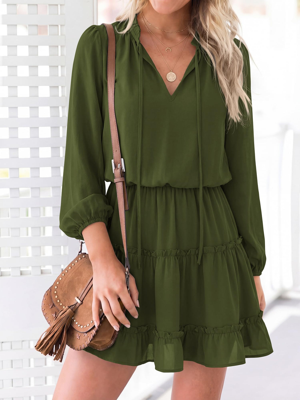 BTFBM Long Sleeve Summer Dresses for Women Casual Tie Neck Ruffle Tiered A Line Mini Spring Wedding Guest Dress