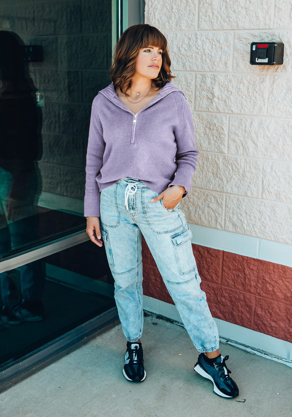 FreshPretty Womens Sweaters Quarter Zip Pullover V Neck Collar Long Sleeve Ribbed Knit Loose Casual Winter Fall Sweater