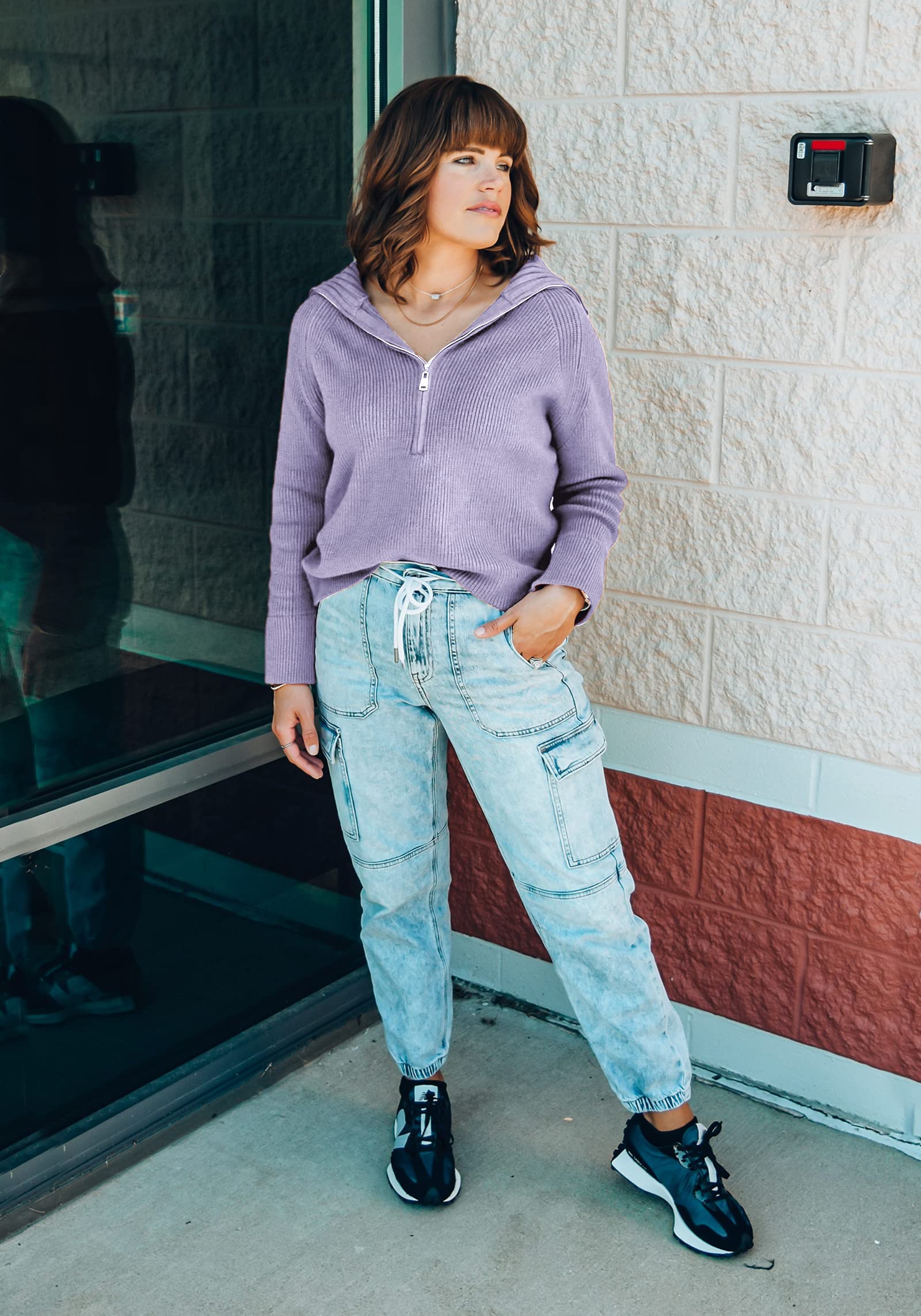 FreshPretty Womens Sweaters Quarter Zip Pullover V Neck Collar Long Sleeve Ribbed Knit Loose Casual Winter Fall Sweater