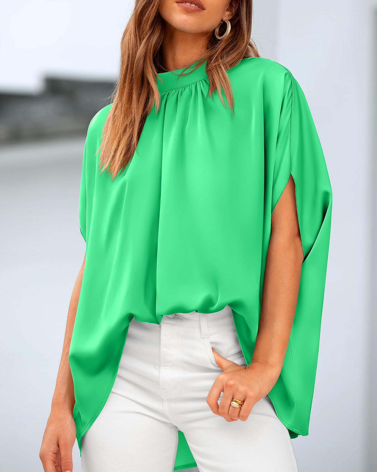 BTFBM Womens Summer Tops Mock Neck Batwing Sleeve Silk Satin Shirts Loose Oversized Dressy Casual Spring Blouses