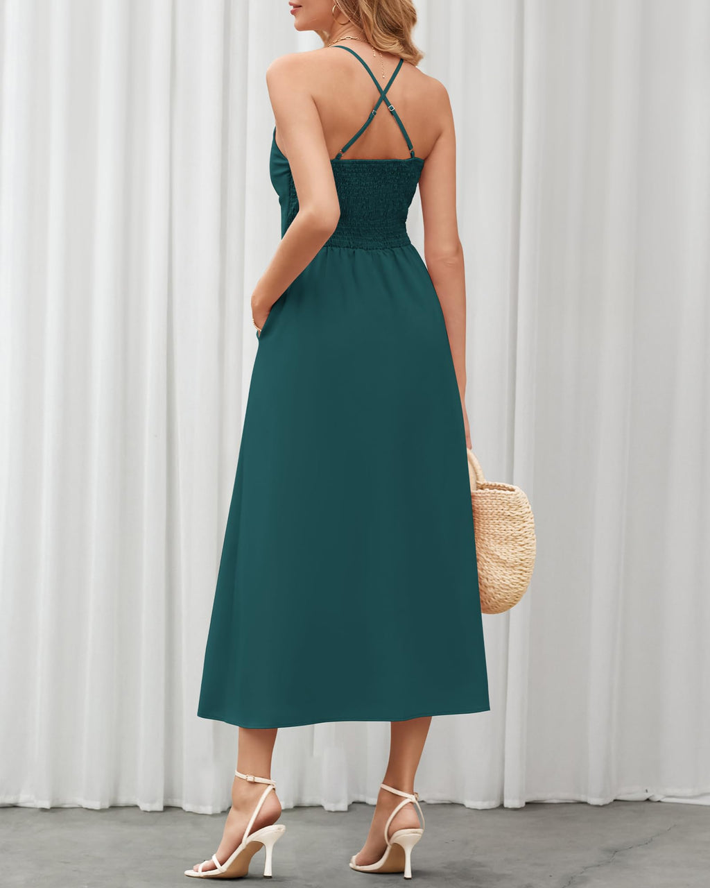 BTFBM Women Spaghetti Strap Midi Summer Dresses Sleeveless V Neck Cutout Slit Casual Beach Party Maxi Dress Pockets