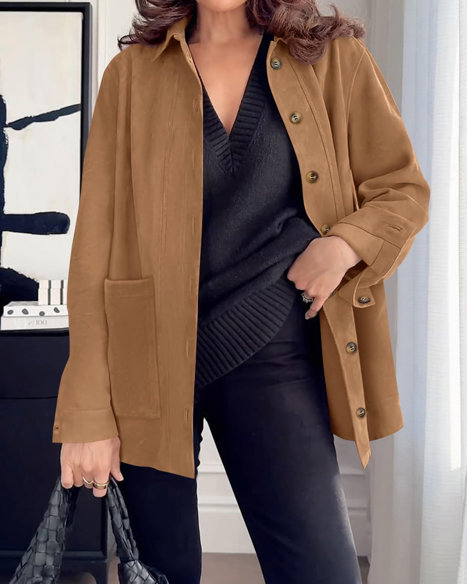 BTFBM Faux Suede Jacket Women Fall Fashion Leather Jackets Long Sleeve Button Down Winter Coats Shackets Outerwear
