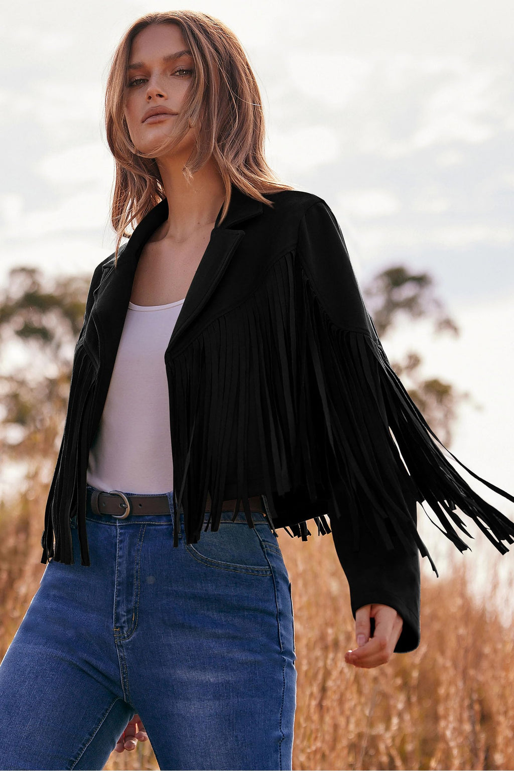 PRETTYGARDEN Women's Fringe Faux Suede Leather Jackets Fall Fashion Tassel Motorcycle Cropped Coats