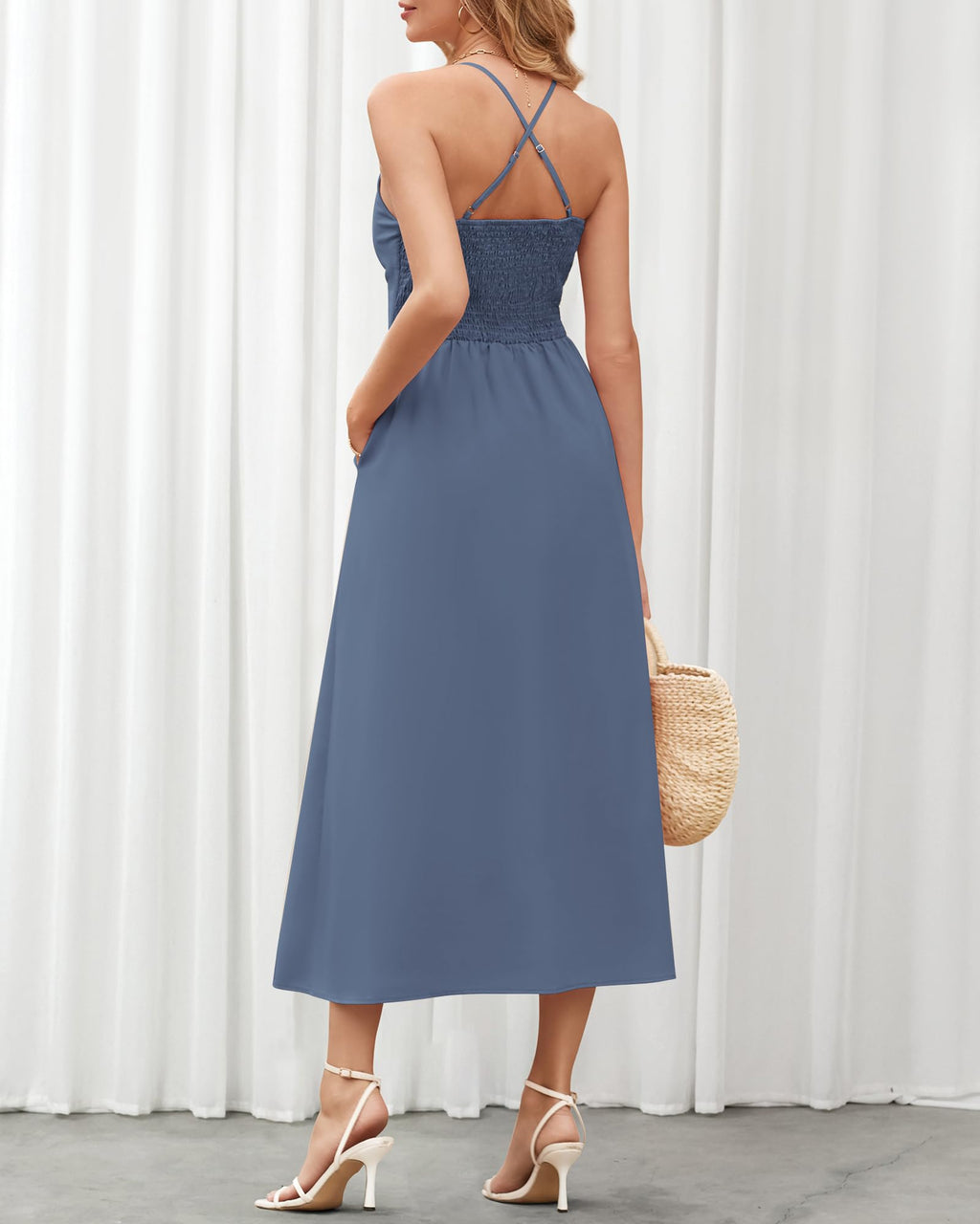 BTFBM Women Spaghetti Strap Midi Summer Dresses Sleeveless V Neck Cutout Slit Casual Beach Party Maxi Dress Pockets