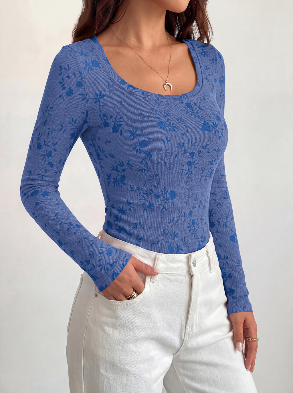 BTFBM Women's Long Sleeve Scoop Neck Shirts Floral Tops | Casual Women Fall Clothes, Ribbed Slim Fitted T-Shirts, y2k Fashion Clothing, Concert Going Out Top, Club Date Night Outfits