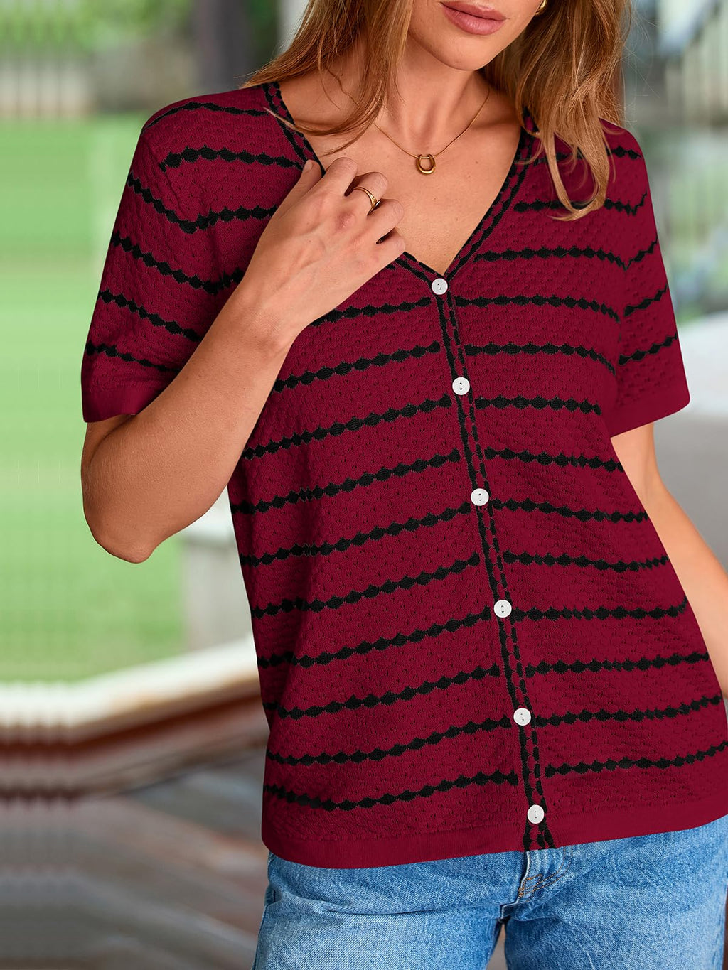 FreshPretty Women's Short Sleeve Sweater Spring Summer Crochet Knit Tops V Neck Striped Button Down Dressy Casual Blouses