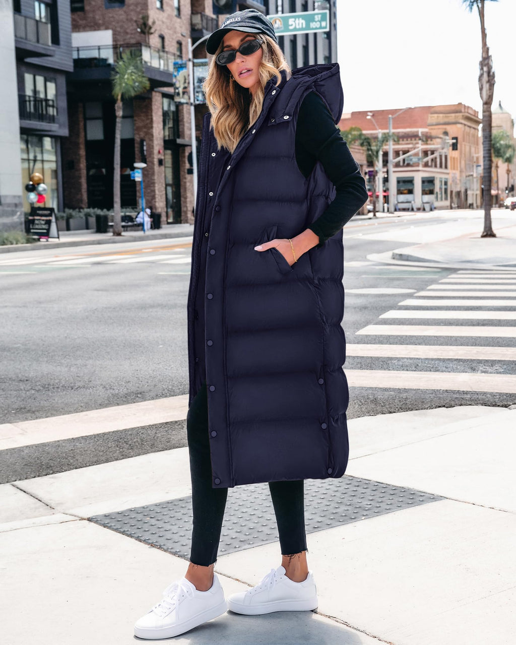 BTFBM Long Puffer Vest Women Quilted Hooded Button Down Zip Up Sleeveless Vests Outerwear Padded Jacket Fall Winter Coat
