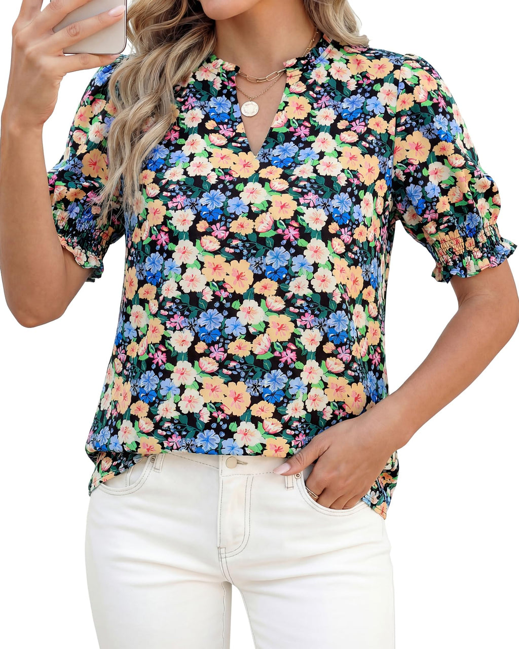 BTFBM Summer Blouses for Women Dressy Casual Fashion Spring Tops Floral Boho V Neck Puff Short Sleeve Top Shirts