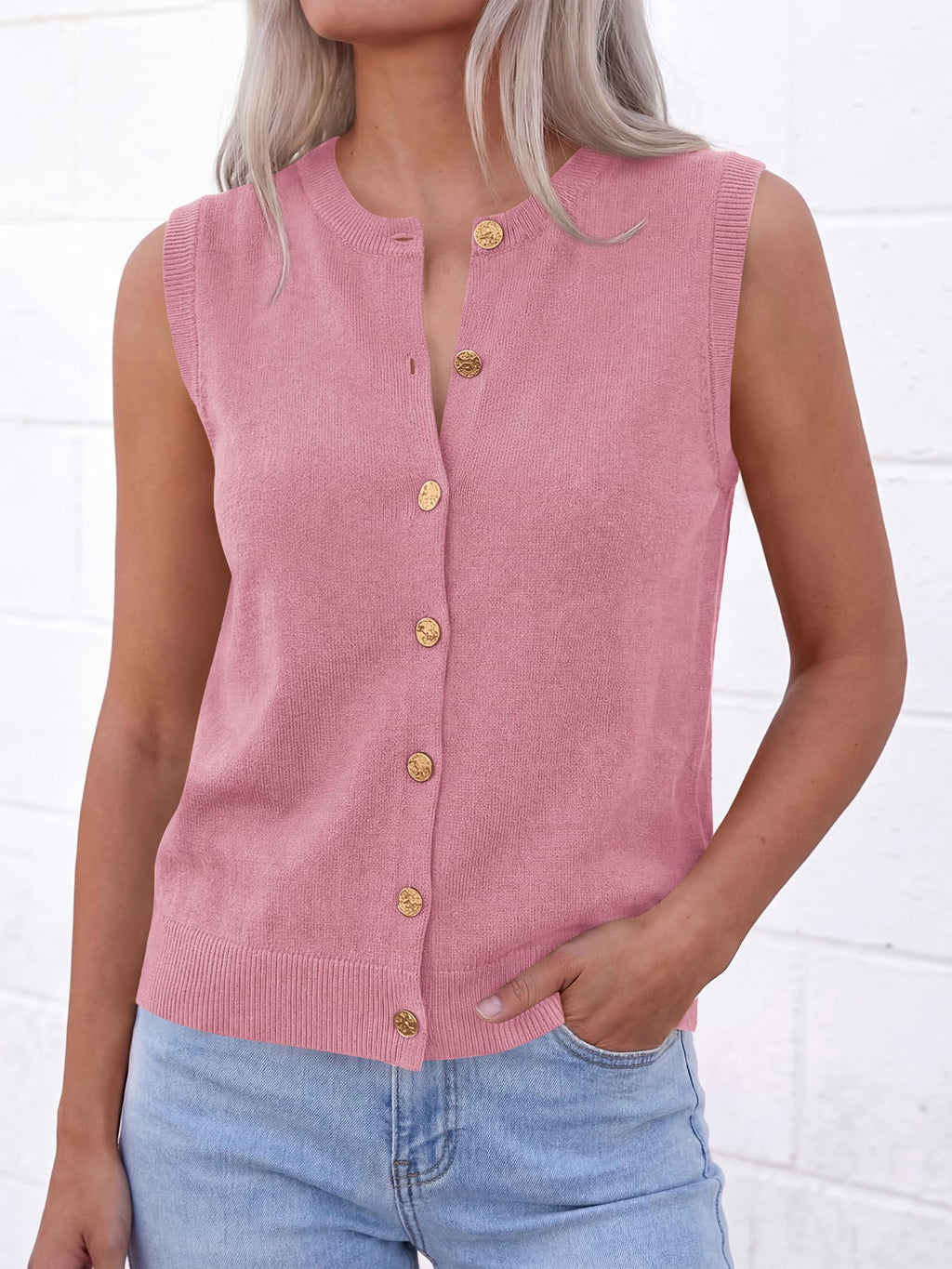 BTFBM Sweater Vest Women Casual Crewneck Loose Button Down Knit Sleeveless Cardigan Spring Clothes Summer Vest Tops