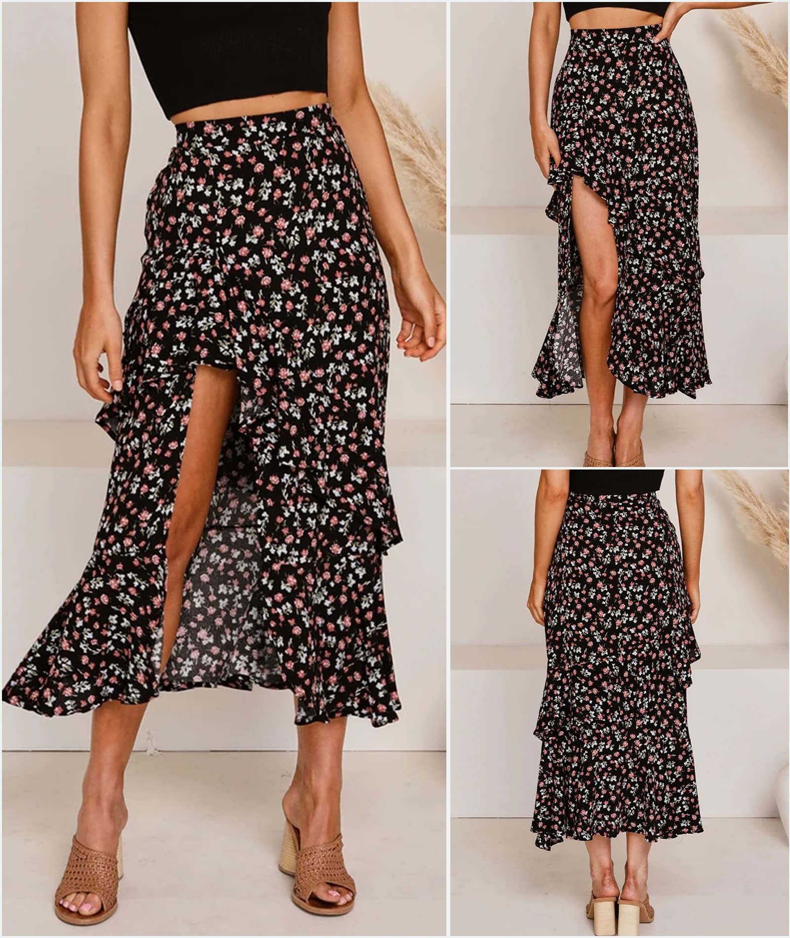 FreshPretty Women Summer Fall Boho Long Skirts Dress Floral Print Elastic Waist Split Ruffle High Low Beach Maxi Skirt