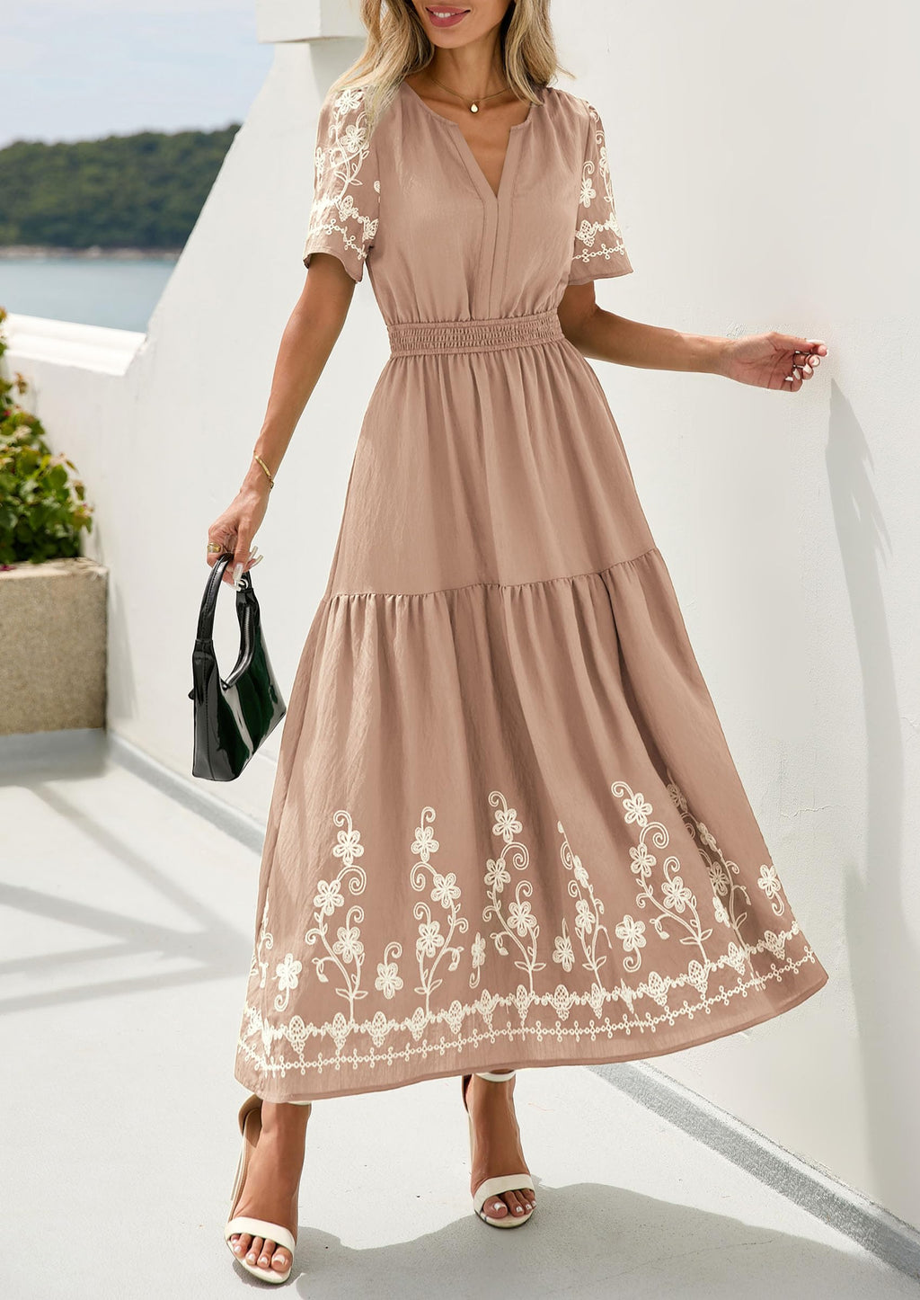 PRETTYGARDEN Women's Summer Boho Maxi Dress Spring Floral Short Sleeve V Neck A Line Flowy Beach Wedding Guest Dresses