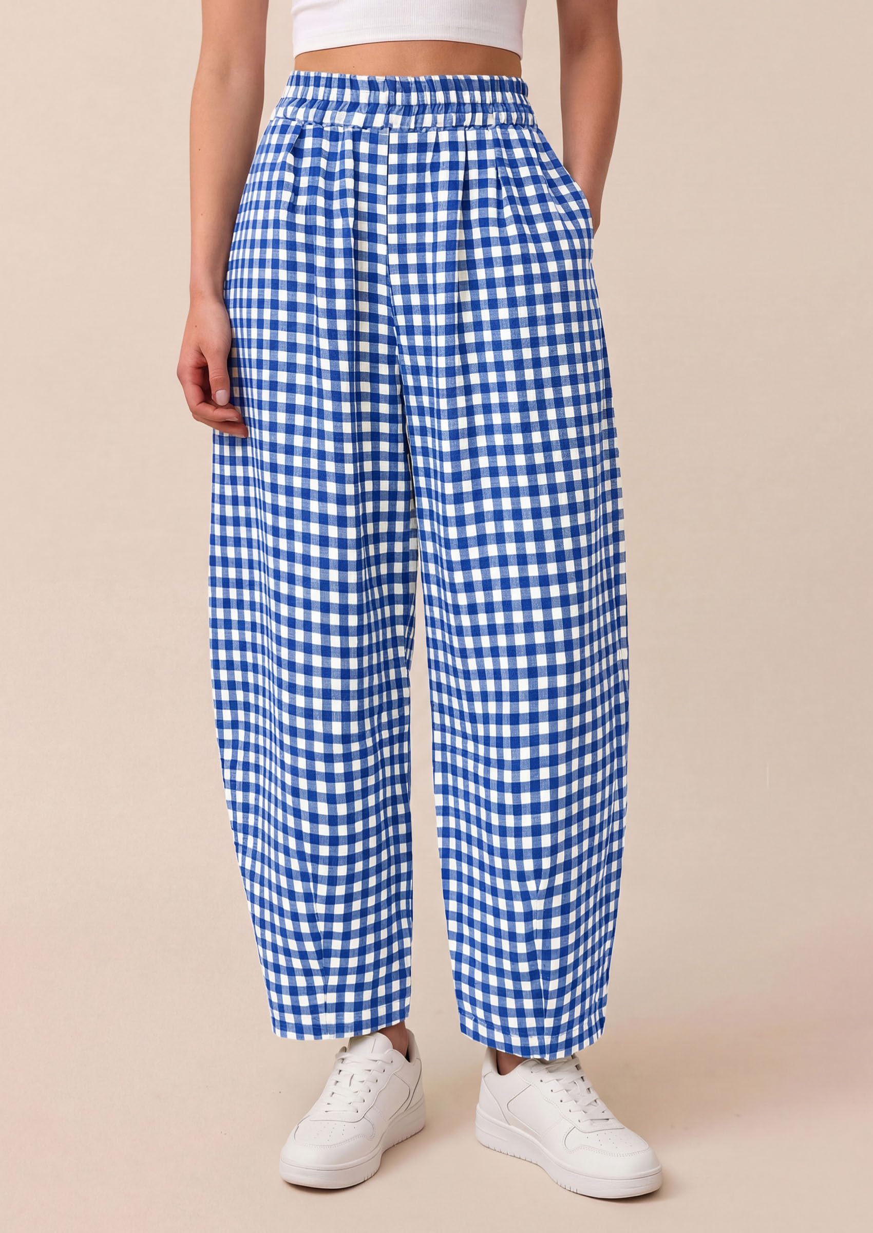 PRETTYGARDEN Plaid Barrel Pants Women Summer Casual Loose Wide Leg Lounge Gingham Trousers Spring Fashion Beach Bottoms