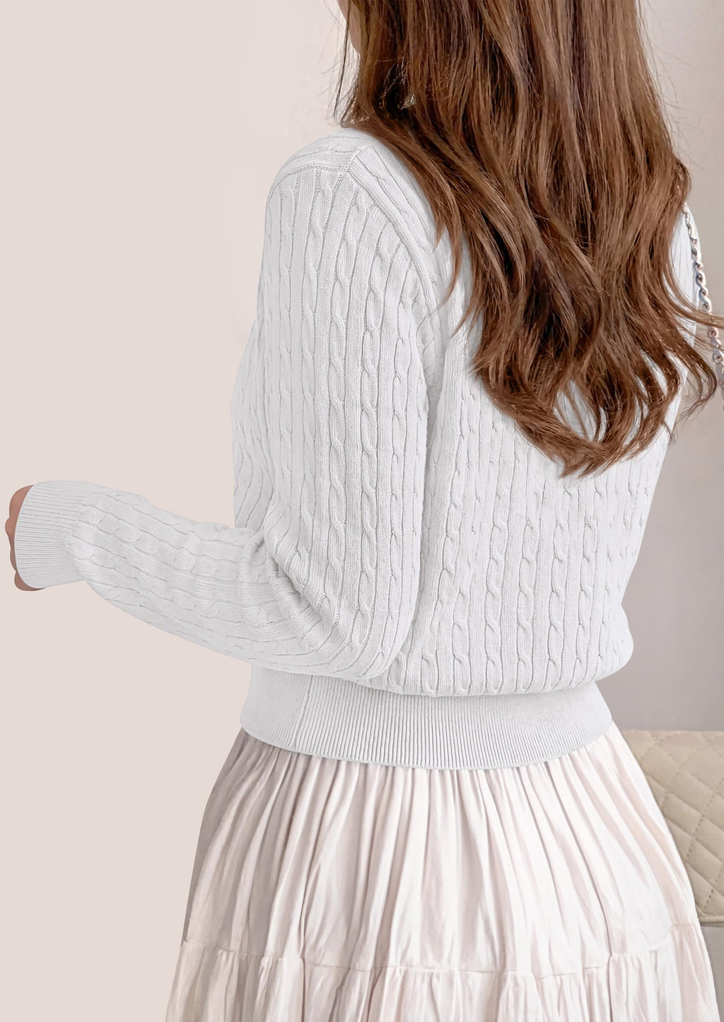 FreshPretty Women's Cable Knit Cropped Cardigan Sweater V Neck Button Down | Soft Lightweight Cable Knit, Long Sleeve, V Neck Button Front, Cropped Ribbed Trim, Business Casual Fall Winter Layering