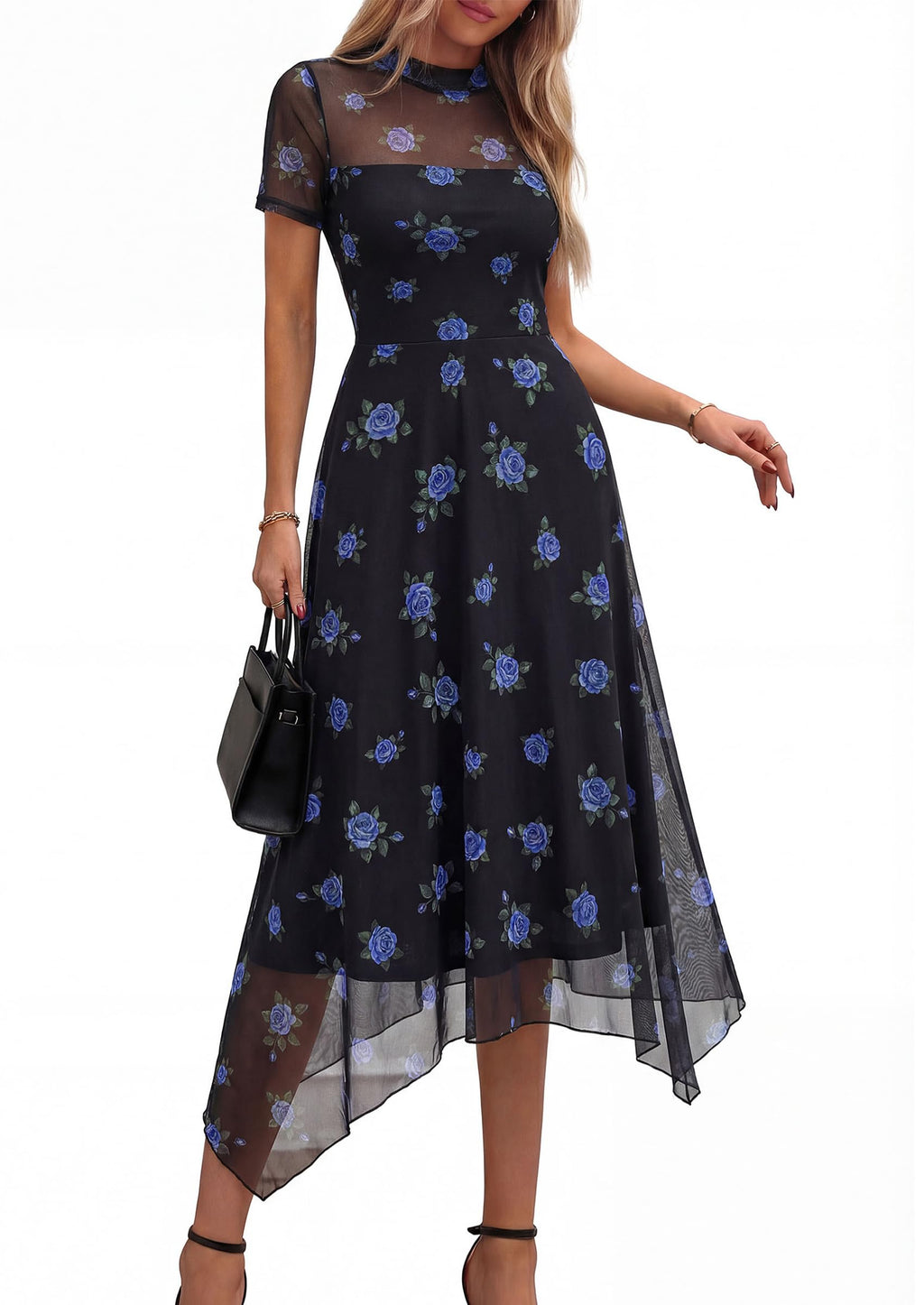 PRETTYGARDEN Cocktail Dresses for Women  Summer Short Sleeve Floral Mesh Sheer Midi Party Wedding Guest Dress