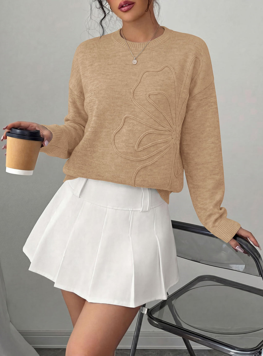 PRETTYGARDEN Women Fall Sweaters Trendy Floral Knit Pullover | Flower Embroidered Tops, Crew Neck, Soft Long Sleeve Shirts, Cozy Winter Layering Clothes for Casual Outing, Holiday Party