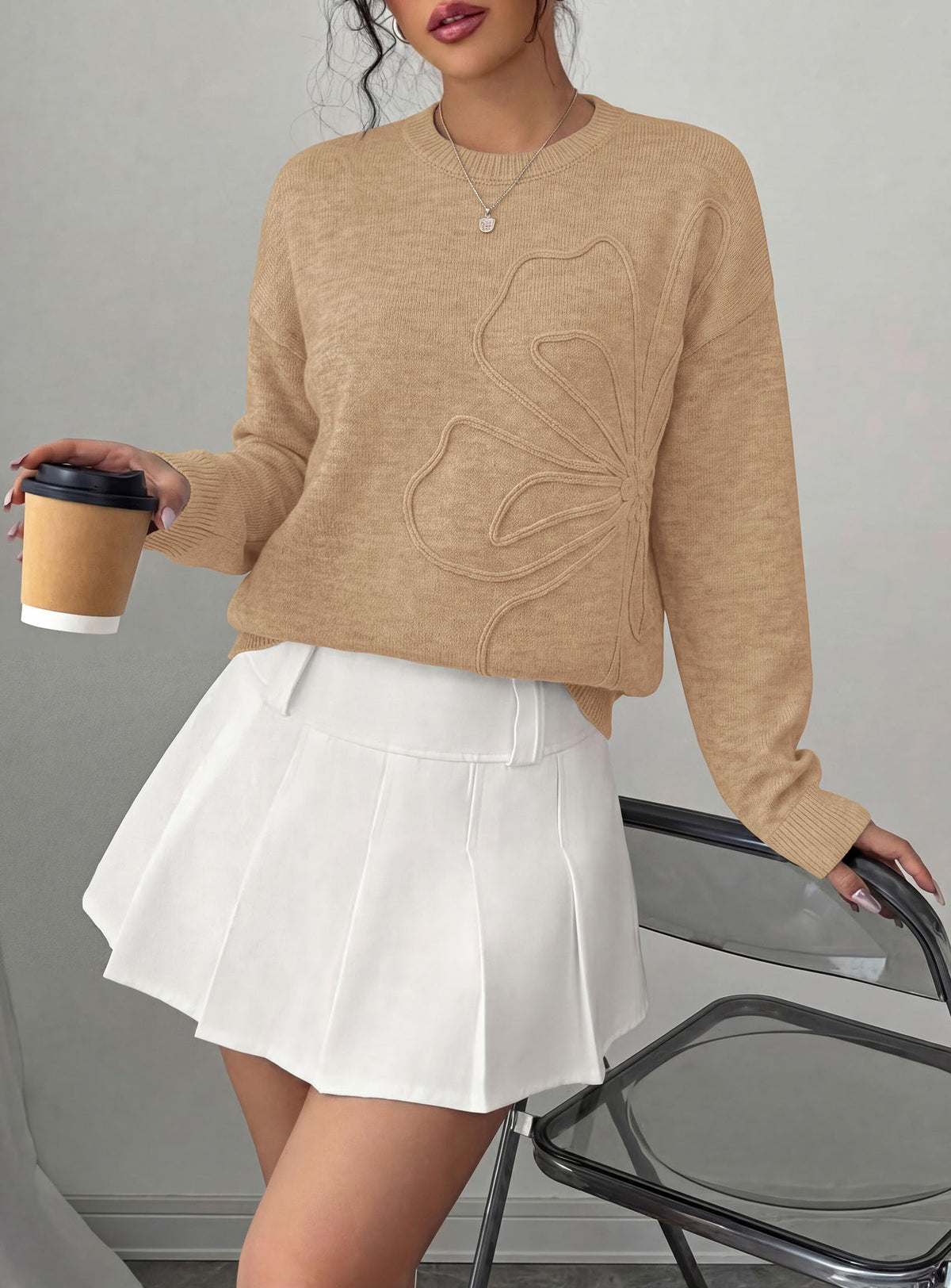 PRETTYGARDEN Women Fall Sweaters Trendy Floral Knit Pullover | Flower Embroidered Tops, Crew Neck, Soft Long Sleeve Shirts, Cozy Winter Layering Clothes for Casual Outing, Holiday Party