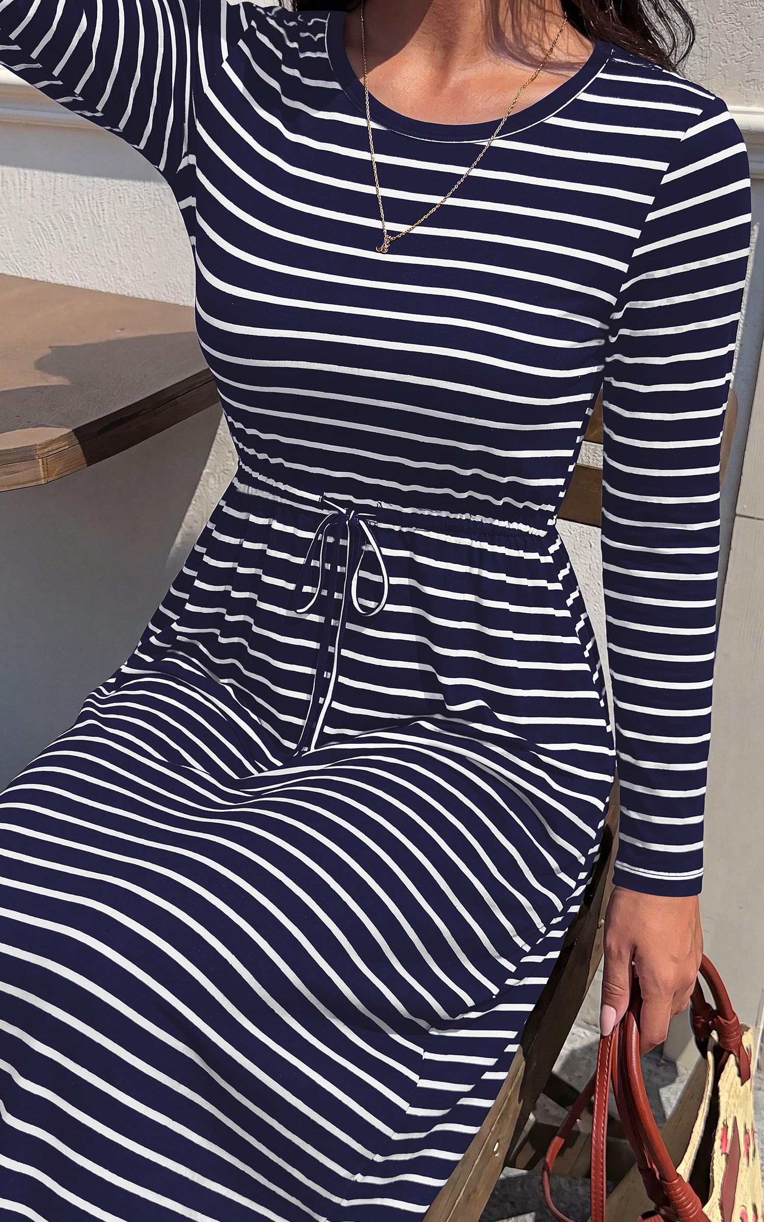 FreshPretty Long Sleeve Maxi Dresses for Women Fall Casual Loose Striped Dress|Cotton T Shirt Dress, Loose Fit Dress with Pocket, Business Casual Work Teacher, Fall Outfits