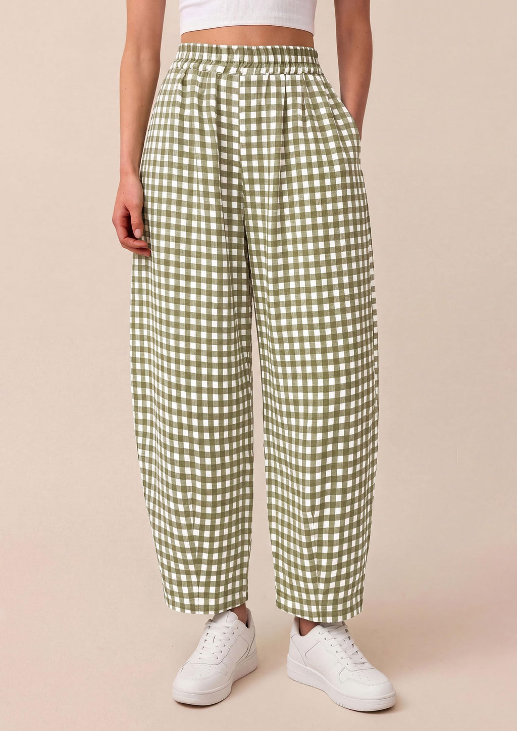 PRETTYGARDEN Plaid Barrel Pants Women Summer Casual Loose Wide Leg Lounge Gingham Trousers Spring Fashion Beach Bottoms