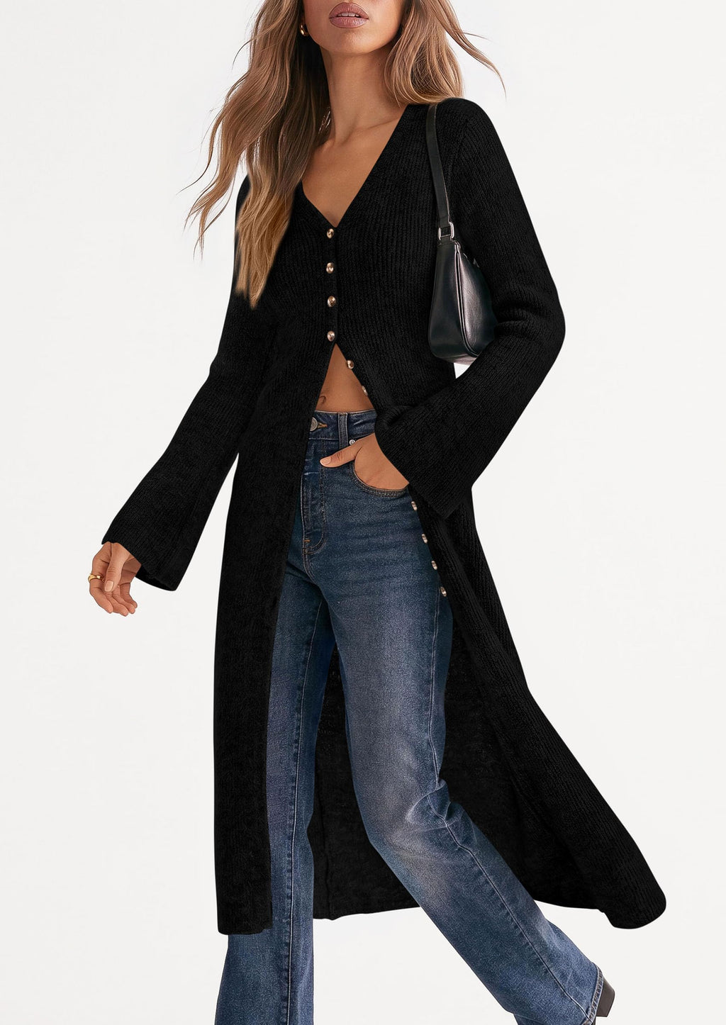 PRETTYGARDEN Women Long Cardigan Bell Sleeve Sweater Dress Early Fall Fashion, V Neck Button Down Coats, Fit and Flare, Duster Sweater, Acrylic Cotton Blend