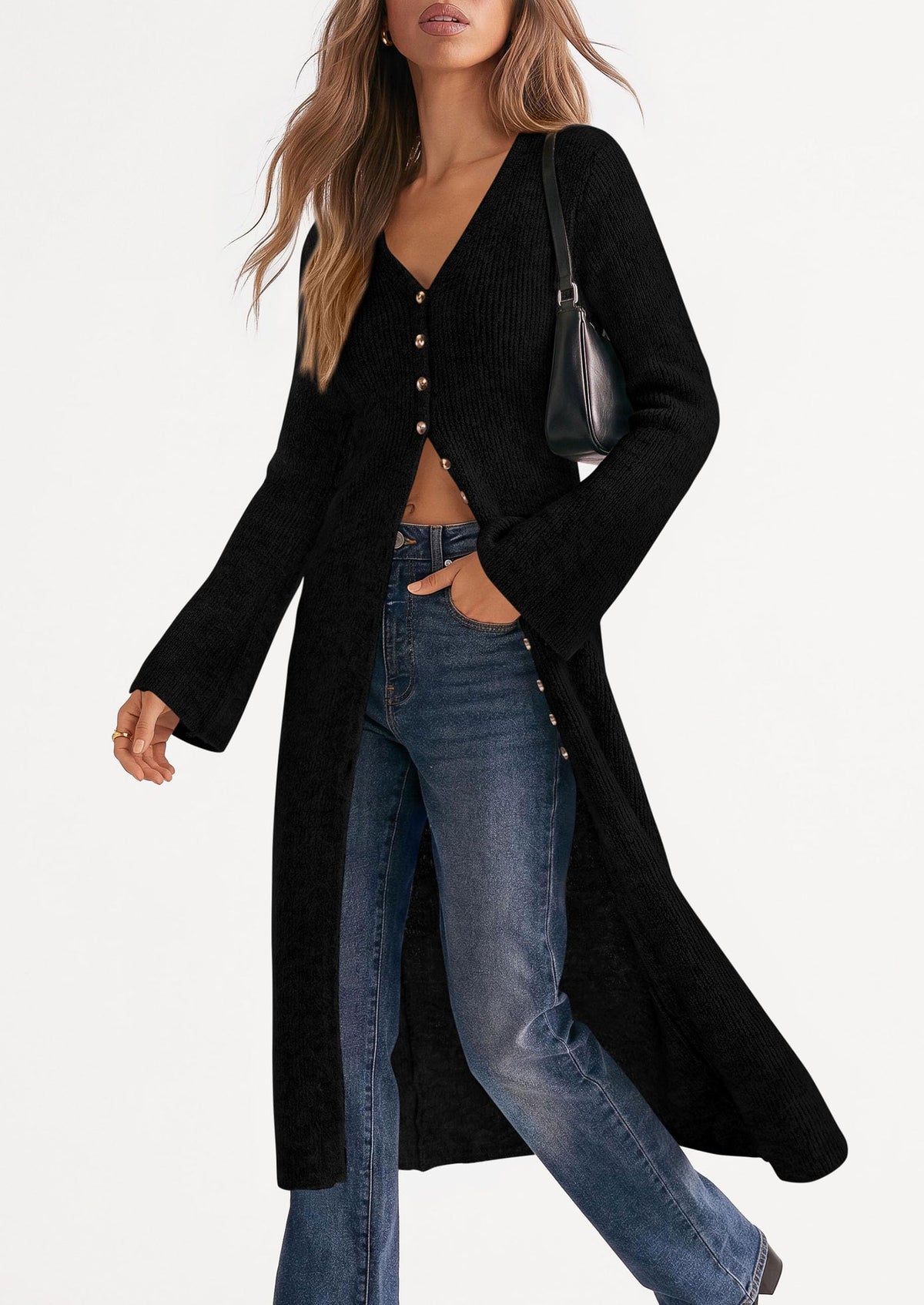PRETTYGARDEN Women Long Cardigan Bell Sleeve Sweater Dress Early Fall Fashion, V Neck Button Down Coats, Fit and Flare, Duster Sweater, Acrylic Cotton Blend