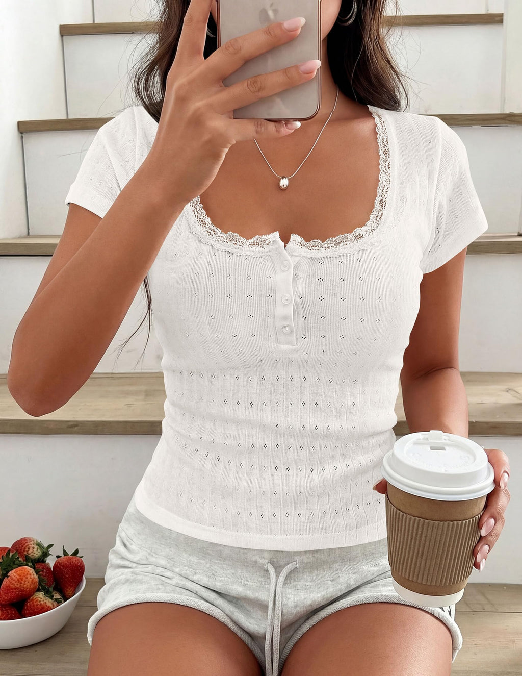 PRETTYGARDEN Summer Tops for Women Short Sleeve Lace Trim Slim Fitted Henley Tee Shirts Y2K Fashion Clothing
