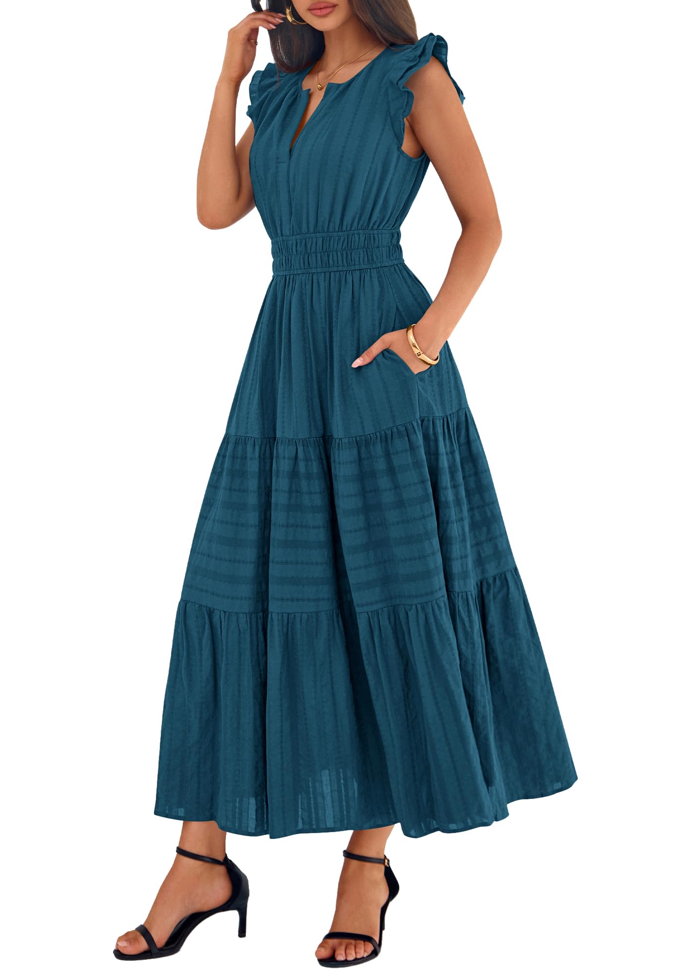BTFBM Womens Summer Maxi Dress  Spring Boho Vacation Ruffle Flutter Short Sleeve A Line Tiered Flowy Dresses Pockets