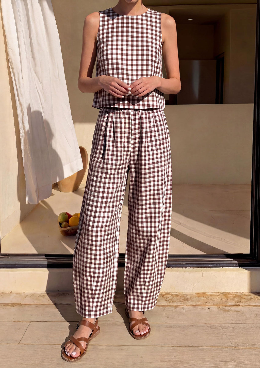 PRETTYGARDEN Womens 2 Piece Sets Summer Plaid Sleeveless Tops Wide Leg Pants Matching Lounge Set Beach Vacation Outfits