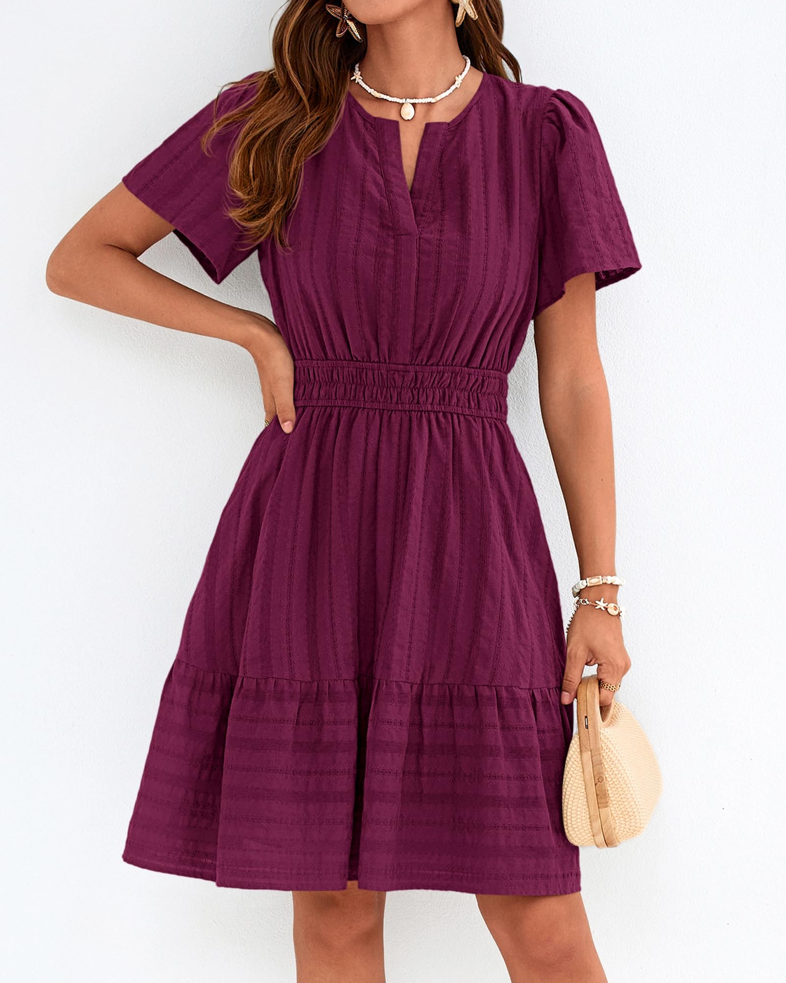 BTFBM Womens Spring  Casual Mini Dresses Lightweight Short Sleeve V Neck Elastic Waist Cute Boho Beach Dress Pockets