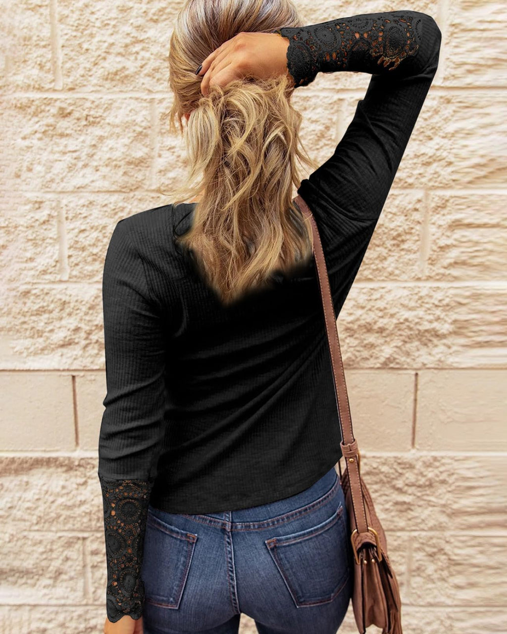 FreshPretty Women Long Sleeve Shirts Spring Solid Button Up V Neck Lace Long Sleeves Slim Fit Knit Casual Fall T-Shirts