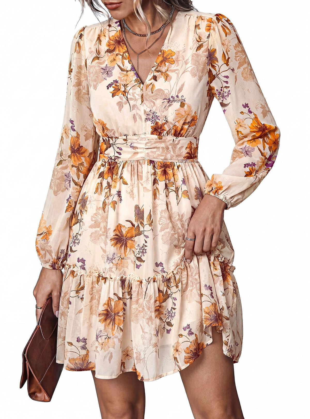 PRETTYGARDEN Women Floral Long Sleeve Mini Dress | Fall Wedding Guest Dresses, V Neck, Fit & Flare, Ruffle Hem A-Line, Short Chiffon Dress, Elegant Holiday Party, Date Outfits