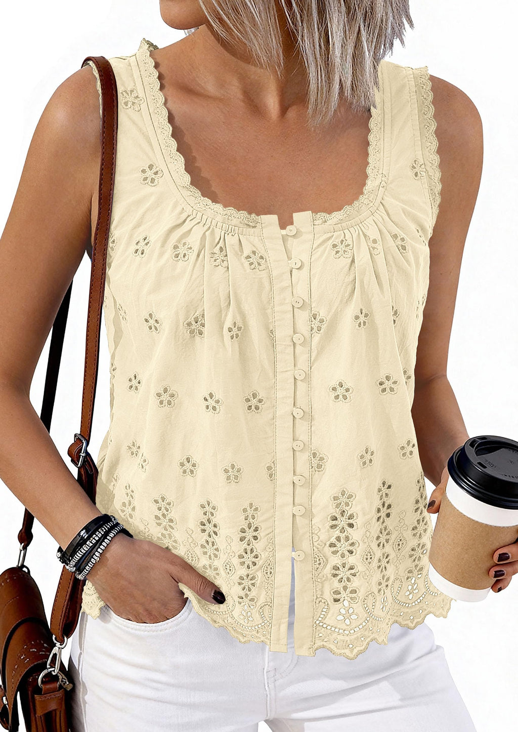 PRETTYGARDEN Womens Tank Tops 2026 Summer Button Down Shirts Embroidered Eyelet Dressy Casual Blouses Beach Vacation Clothes
