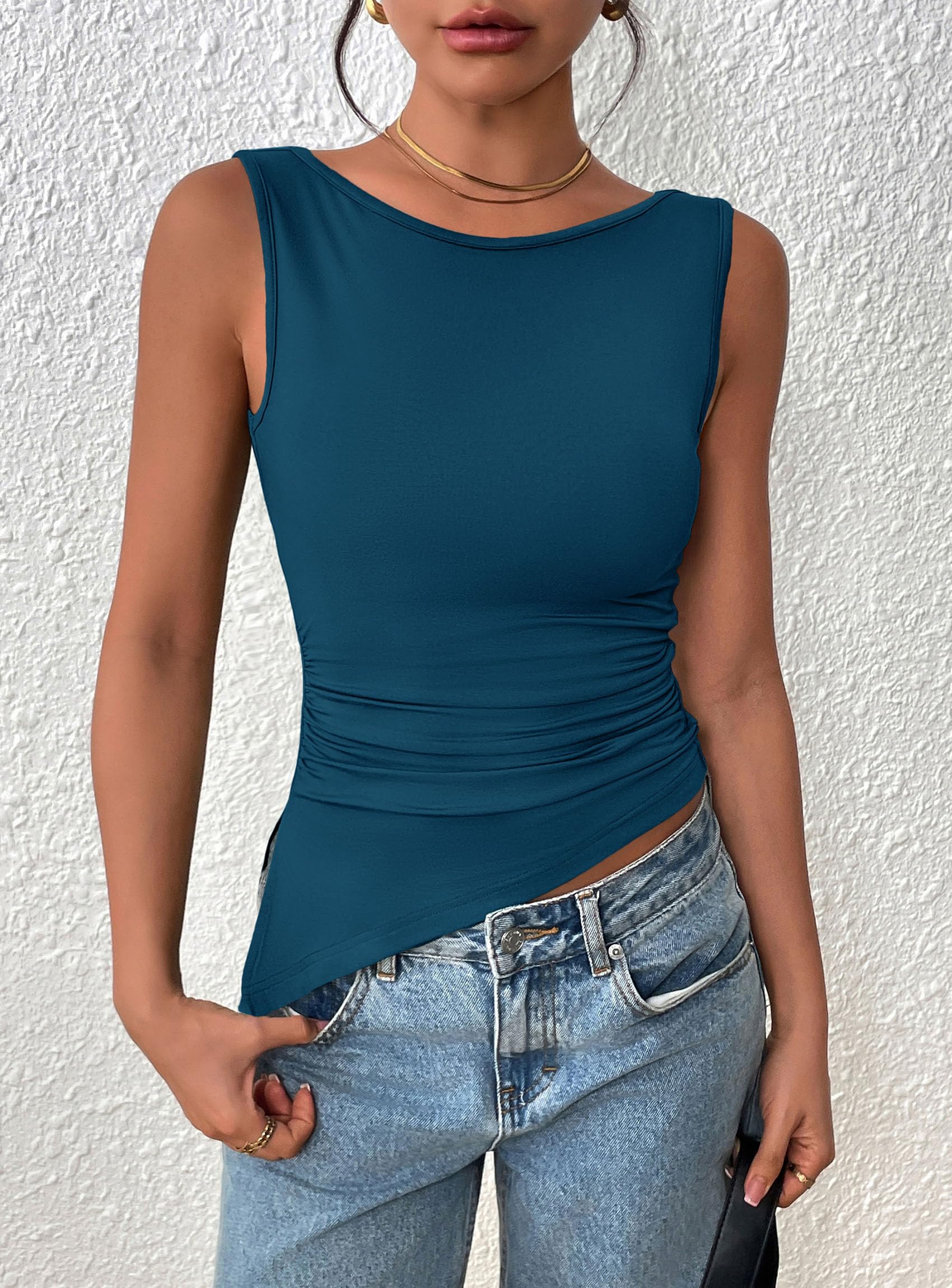 PRETTYGARDEN Womens Ruched Tank Tops  Summer Sleeveless Slim Fit T Shirts Blouses Going Out Y2K Fashion Clothes