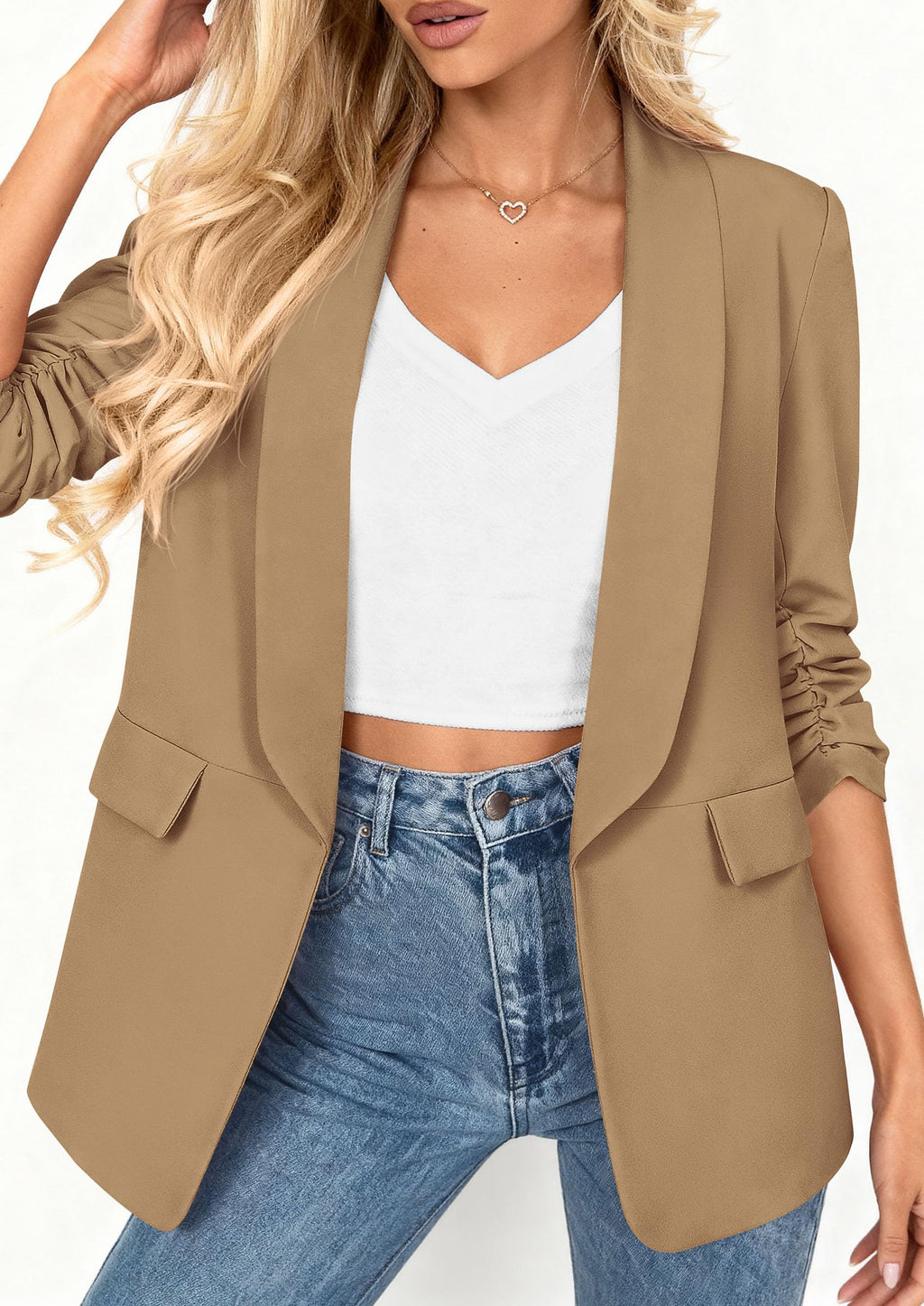 PRETTYGARDEN Women's Summer Blazers Business Casual Outfits | Ruched 3/4 Sleeve,Shawl Lapel,Collared Open Front,Padded Shoulder,Lightweight Jackets,Office Work Suits,Spring Fall Clothes