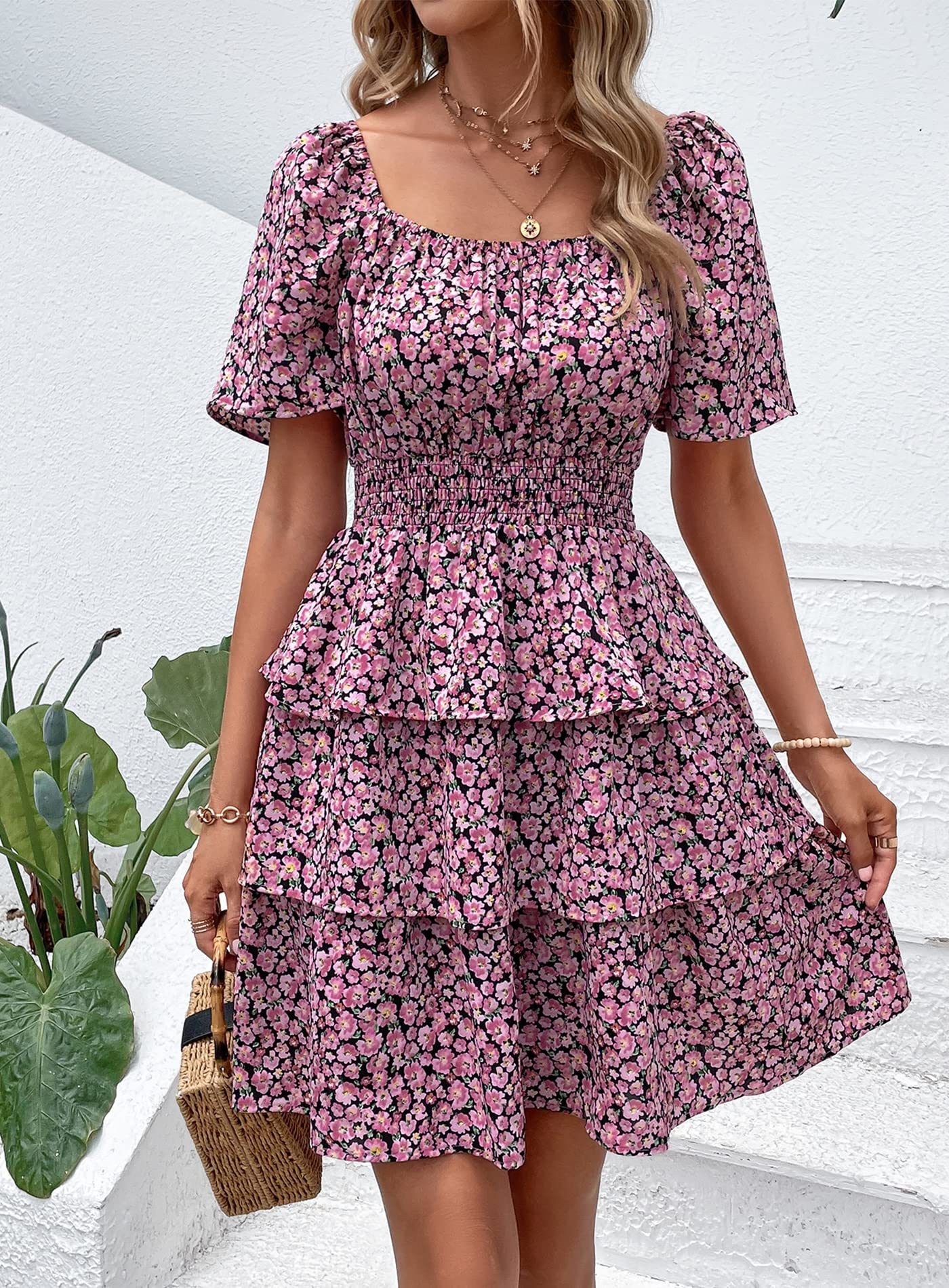 PRETTYGARDEN Women's  Floral Summer Short Dress Square Neck Short Sleeve Tiered Ruffle Boho Swing Dresses