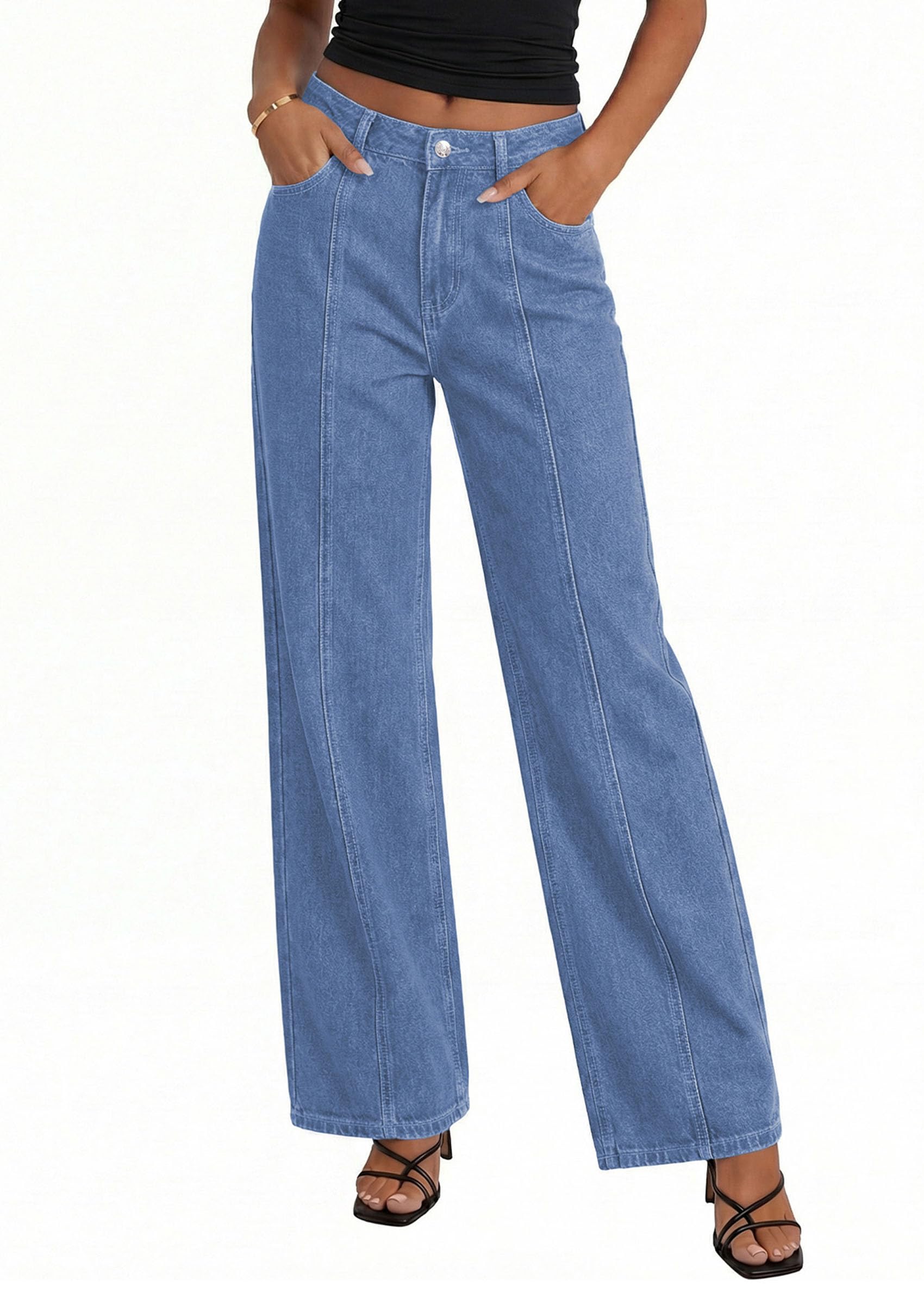 PRETTYGARDEN Women's Wide Leg Jeans High Waisted Stretchy Baggy Seamed Front Denim Palazzo Pants Summer Fashion Clothes