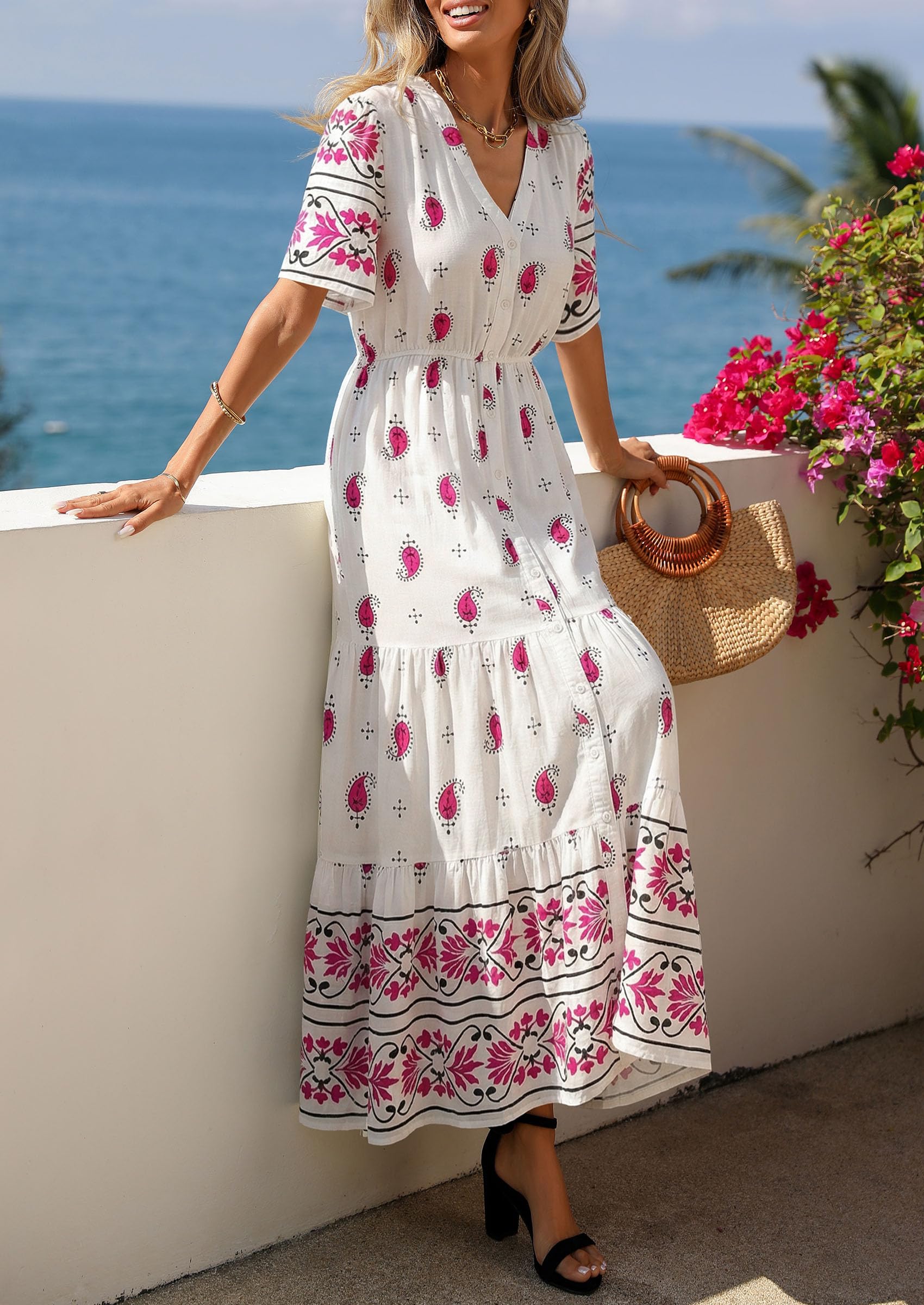PRETTYGARDEN Womens Summer Boho Maxi Dress Trendy Short Sleeve V Neck Flowy Beach Floral Dresses with Pockets