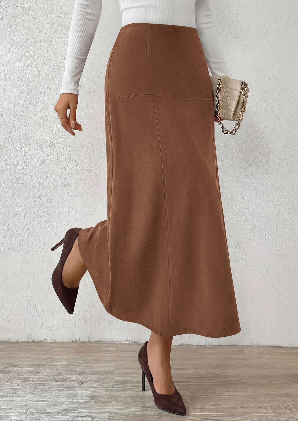 PRETTYGARDEN Womens High Waist Faux Suede A Line Midi Skirt | Hidden Stretch Elastic Waist, Front Back Panel Stitching, Vintage Elegant Mid-Calf Long Skirts for Fall Winter Office Daily