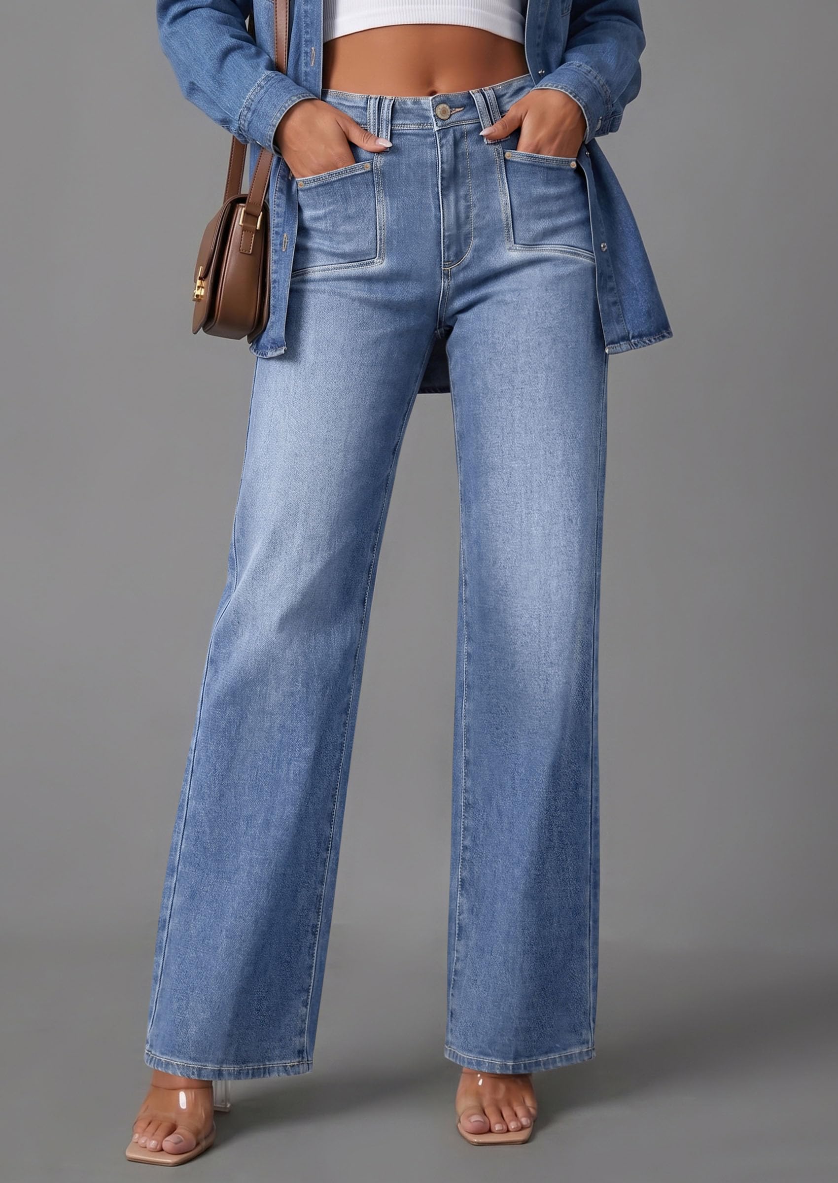 PRETTYGARDEN High Waisted Wide Leg Jeans for Women 2026 Trendy | Classic Straight Baggy Fit, Stretchy Denim Pants with Pockets, Casual Daily Work Going Out, All Season Wear