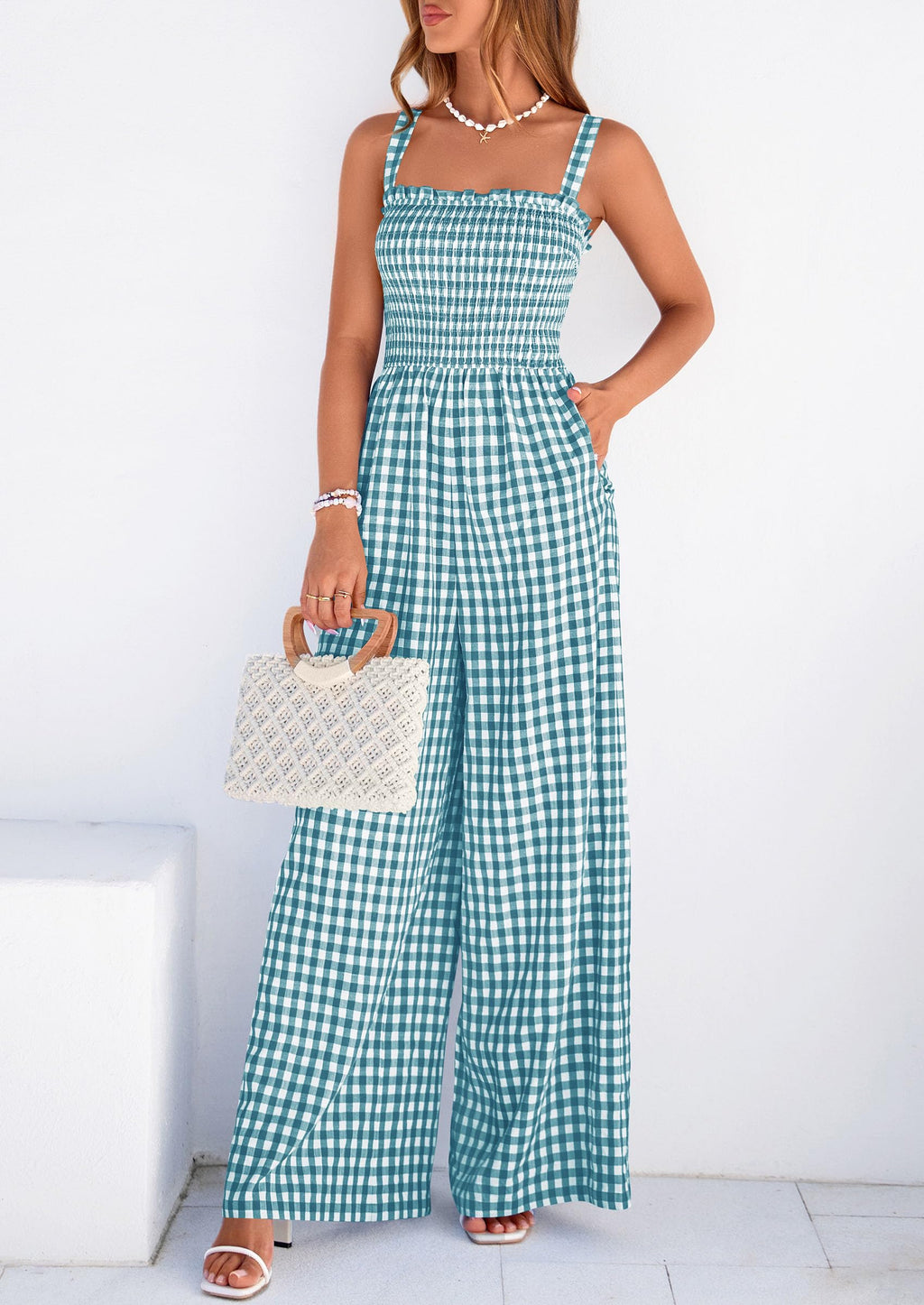 PRETTYGARDEN One Piece Jumpsuits for Women Casual Summer Cruise Outfits  Spring Fashion Smocked Wide Leg Gingham Rompers