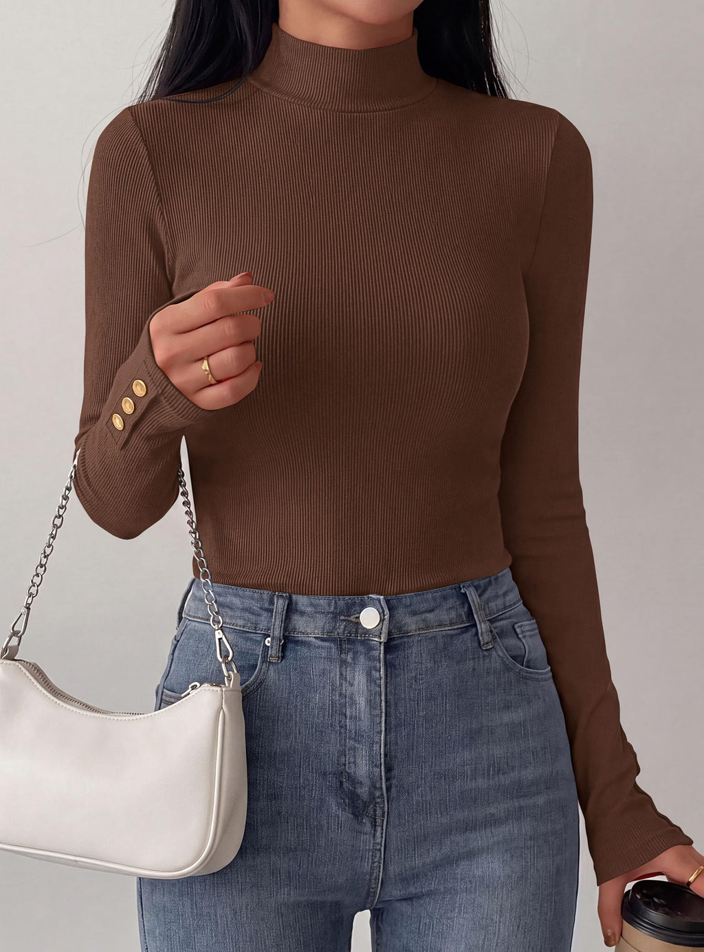 PRETTYGARDEN Women's Ribbed Mock Neck Long Sleeve Tops | Slim Fitted T-Shirts, Soft Stretch, Decorative Buttons, Going Out Work Casual Wear, Fall Outfits Layering Winter Clothes
