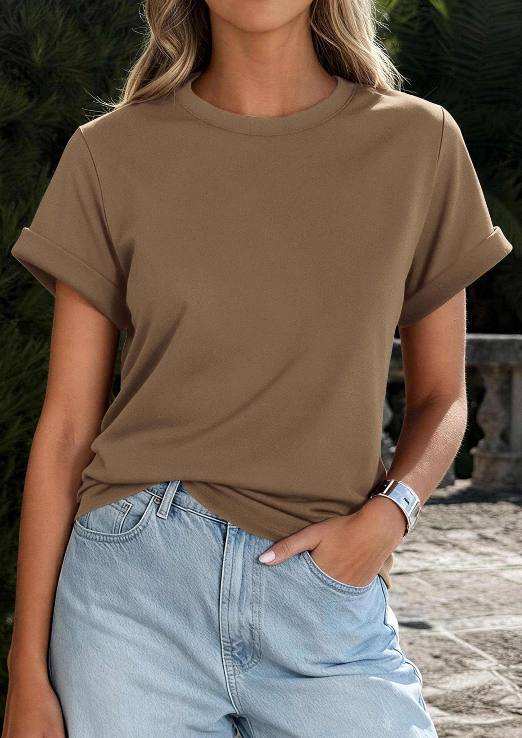 PRETTYGARDEN Womens Summer Tops Spring Casual Rolled Short Sleeve Basic Tees Crew Neck Work Shirts Fashion Clothing