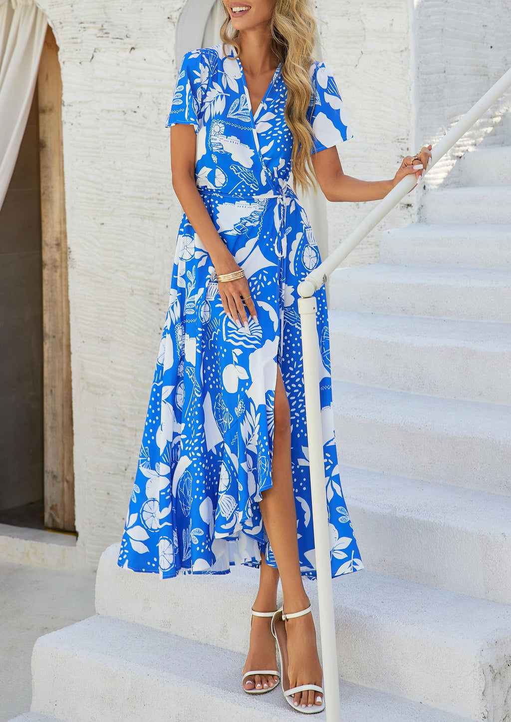 PRETTYGARDEN Women's Summer Maxi Dress Casual Wrap Floral Boho Short Sleeve V Neck Split Ruffle Beach Long Dresses